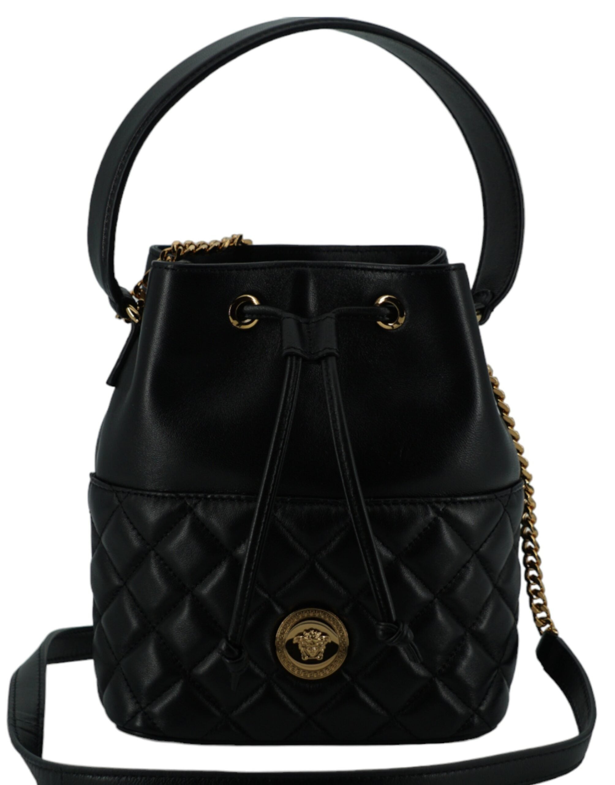 Versace élégant sac à bandoulière seau en cuir noir