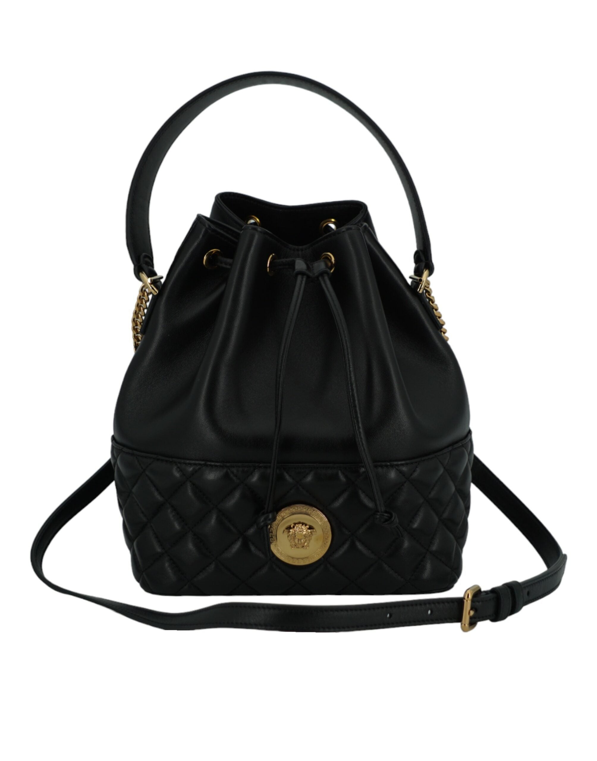 Versace élégant sac à bandoulière seau Medusa en cuir noir