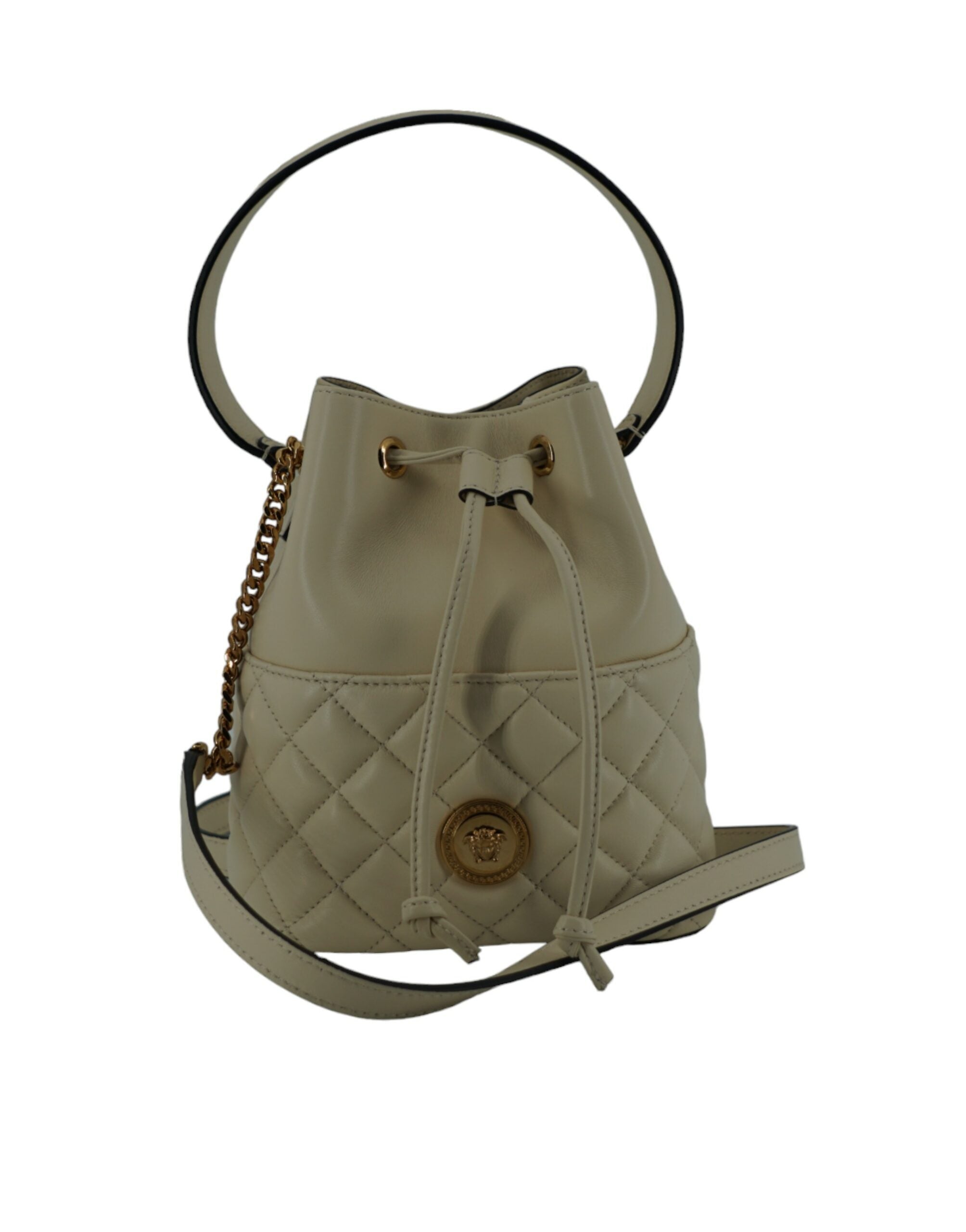 Versace élégant petit sac à bandoulière seau en cuir blanc