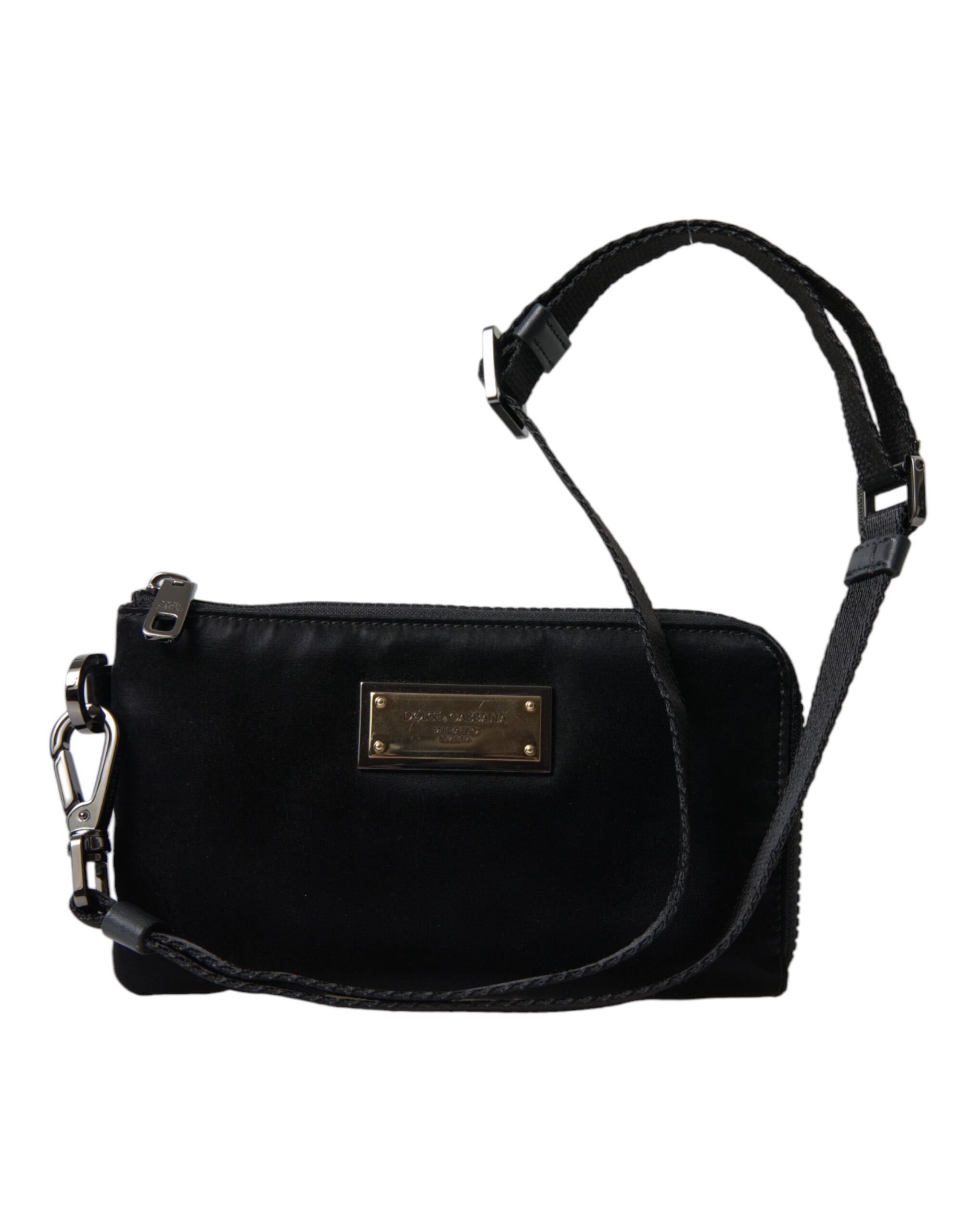 Dolce &amp; Gabbana Pochette élégante en nylon et cuir noir