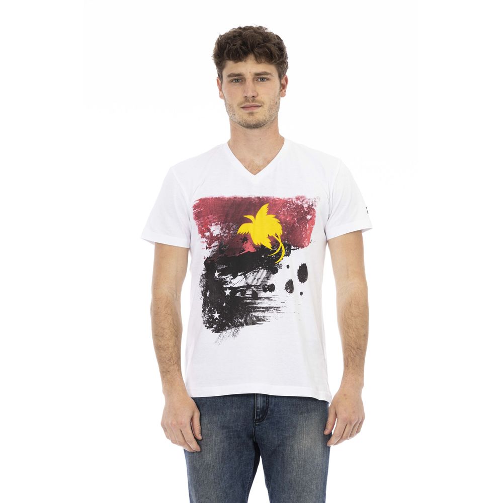 Trussardi Action Elegant White V-Neck Tee with Front Print