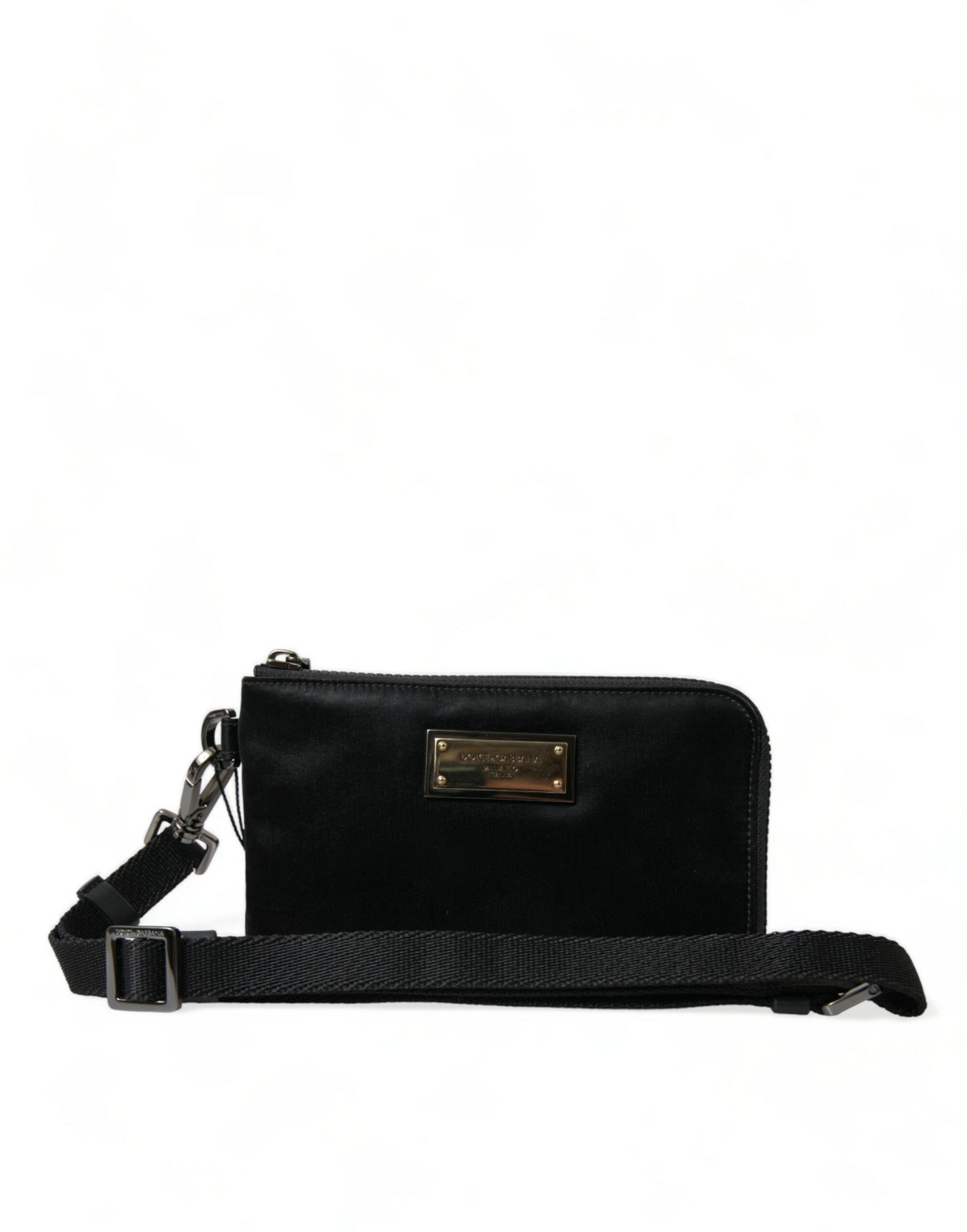 Dolce &amp; Gabbana Pochette élégante en cuir de nylon noir avec détails argentés