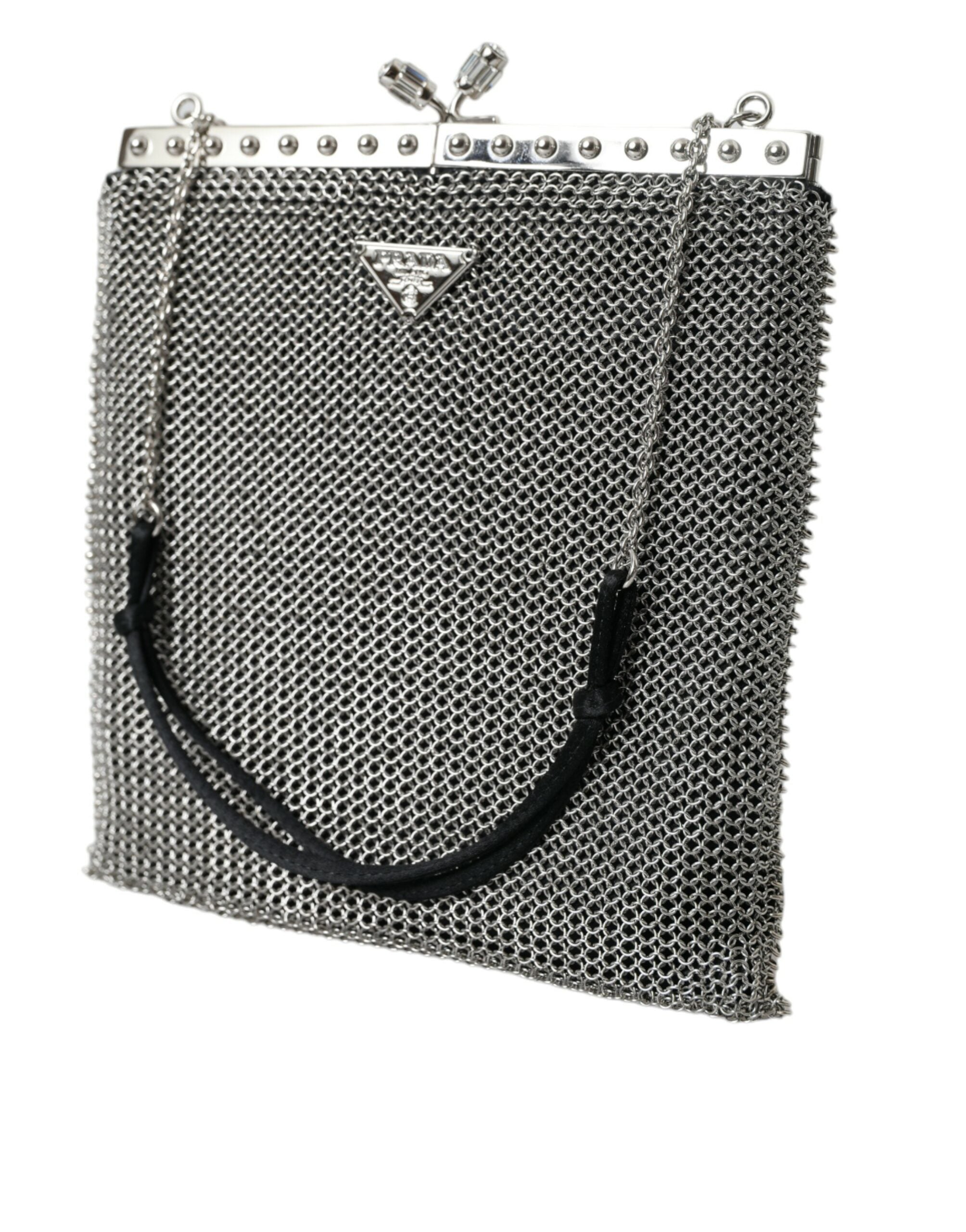 Prada Elegant Silver Mesh Shoulder Evening Bag