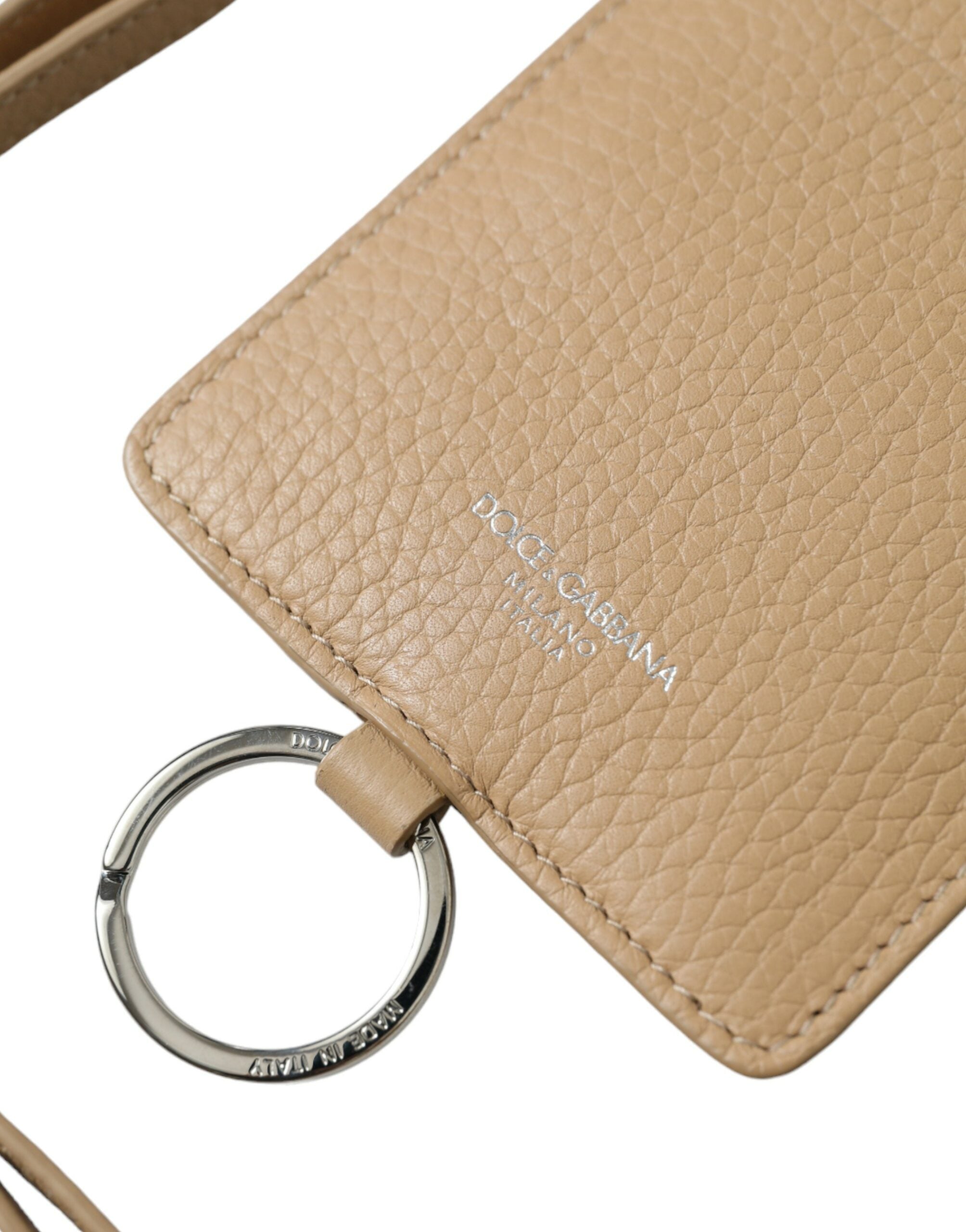 Dolce &amp; Gabbana Portefeuille porte-cartes avec lanière et logo en cuir de veau beige