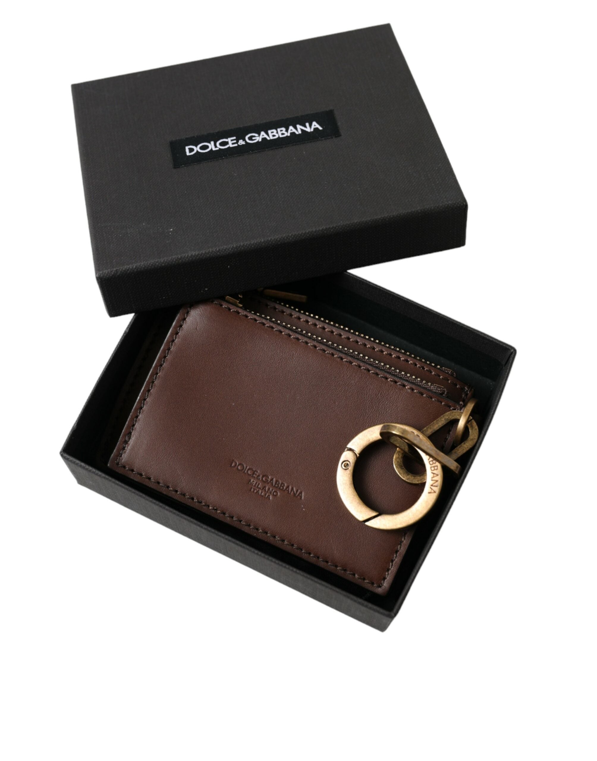 Dolce &amp; Gabbana Porte-clés en cuir marron avec logo zippé et porte-monnaie