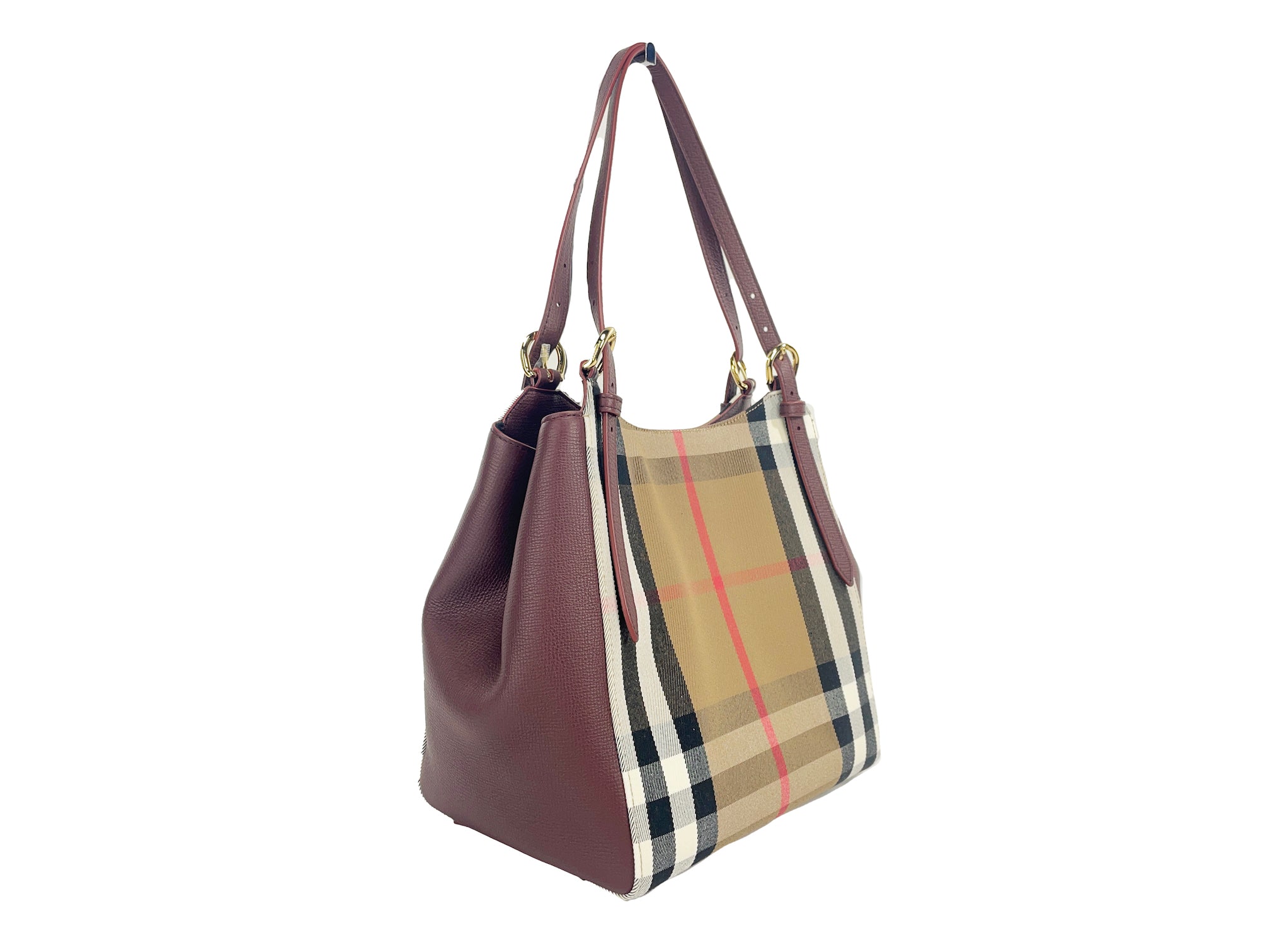 Burberry Petit Canterby Sac fourre-tout en toile à carreaux en cuir acajou