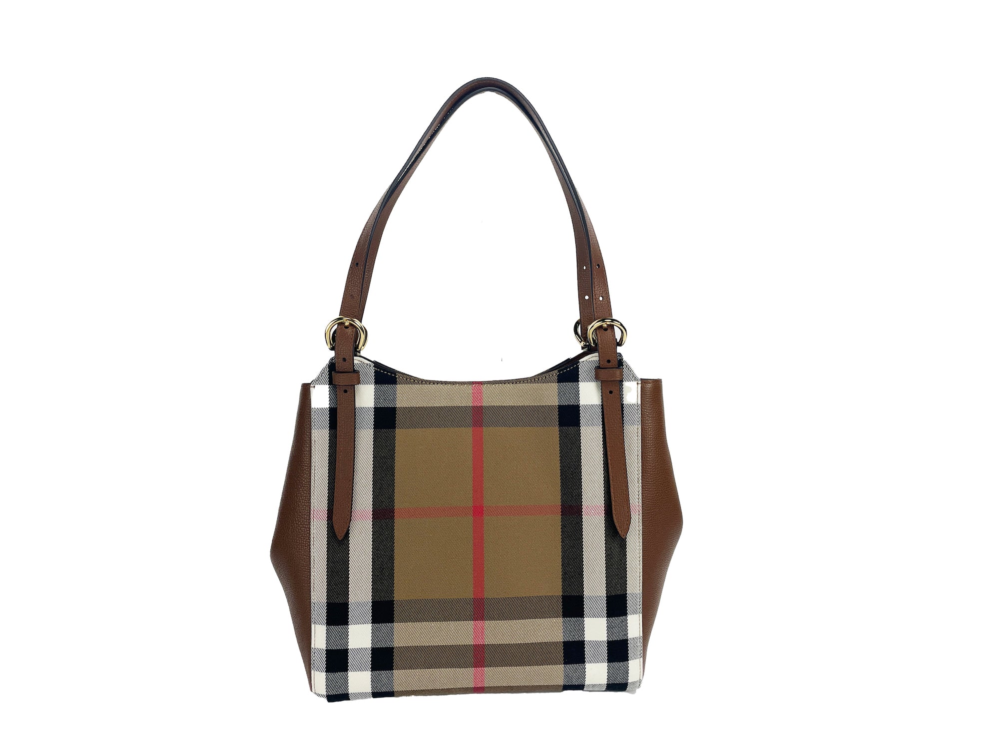 Burberry Petit sac fourre-tout en toile à carreaux en cuir beige Canterby