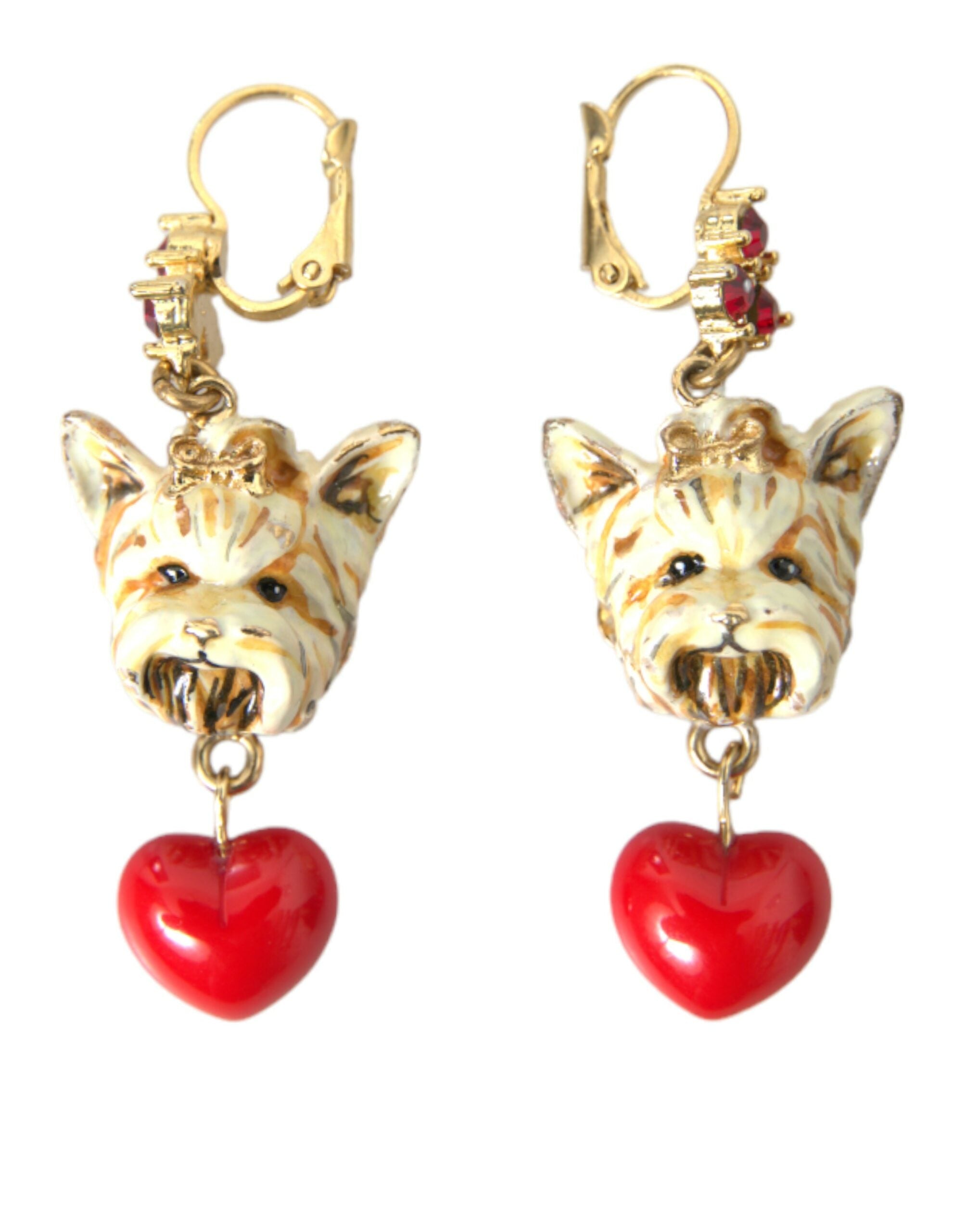 Dolce &amp; Gabbana Boucles d'oreilles pendantes en laiton doré avec cœur et cristal rouge