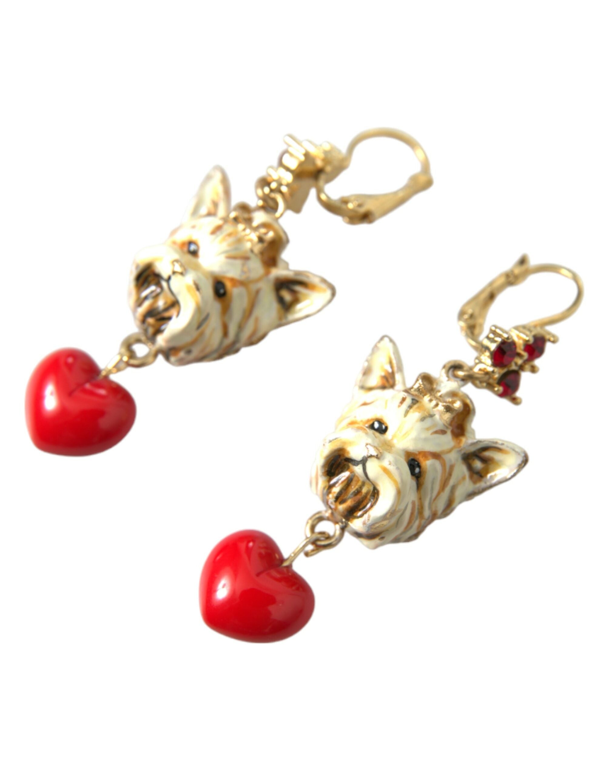 Dolce &amp; Gabbana Boucles d'oreilles pendantes en laiton doré avec cœur et cristal rouge