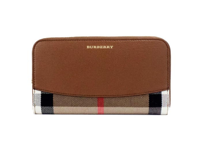 Burberry Elmore Tan Grainy Leather House Check Canvas Continental Clutch Wallet