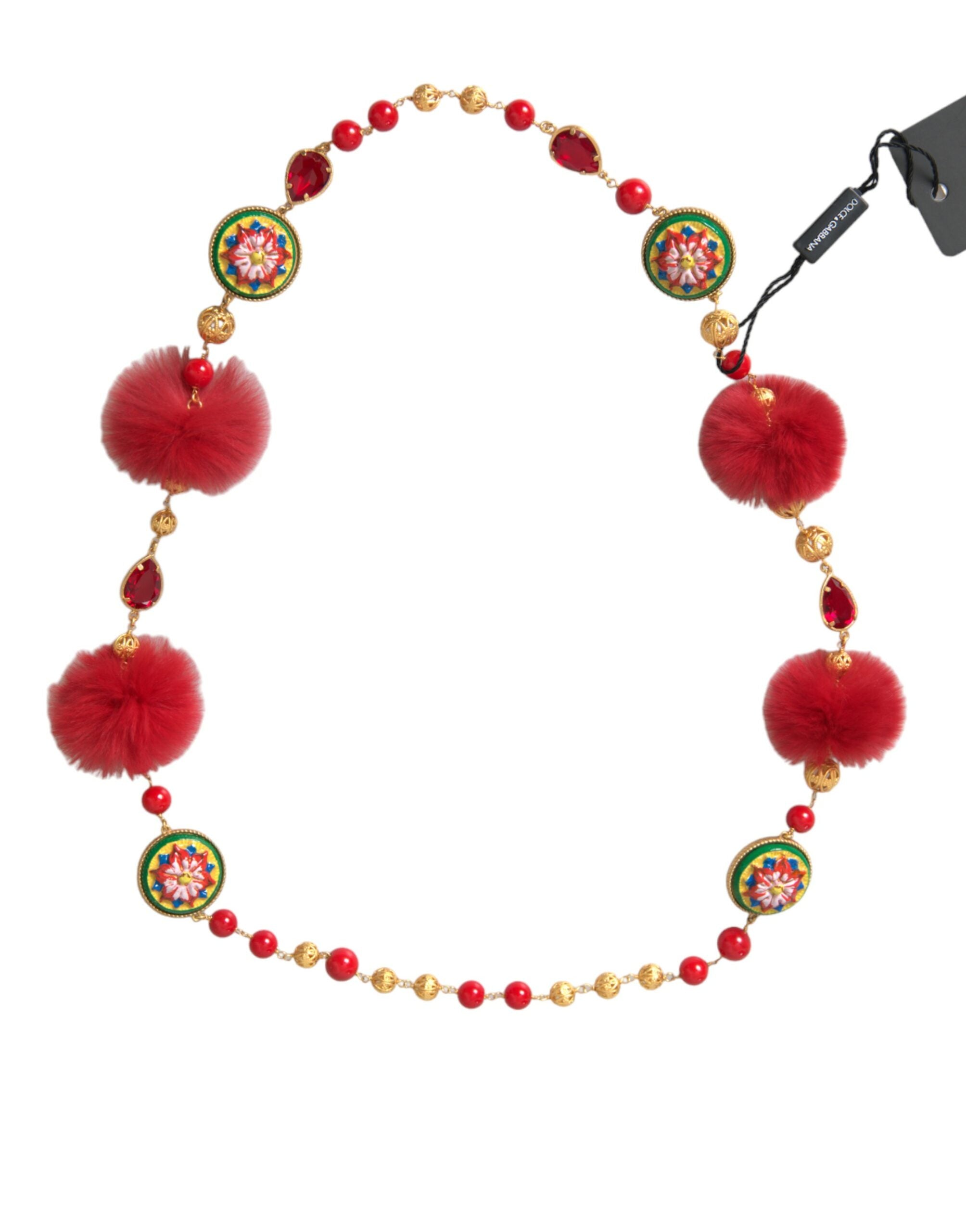 Dolce &amp; Gabbana Collier chaîne Carretto en laiton doré avec fourrure rouge et cristal