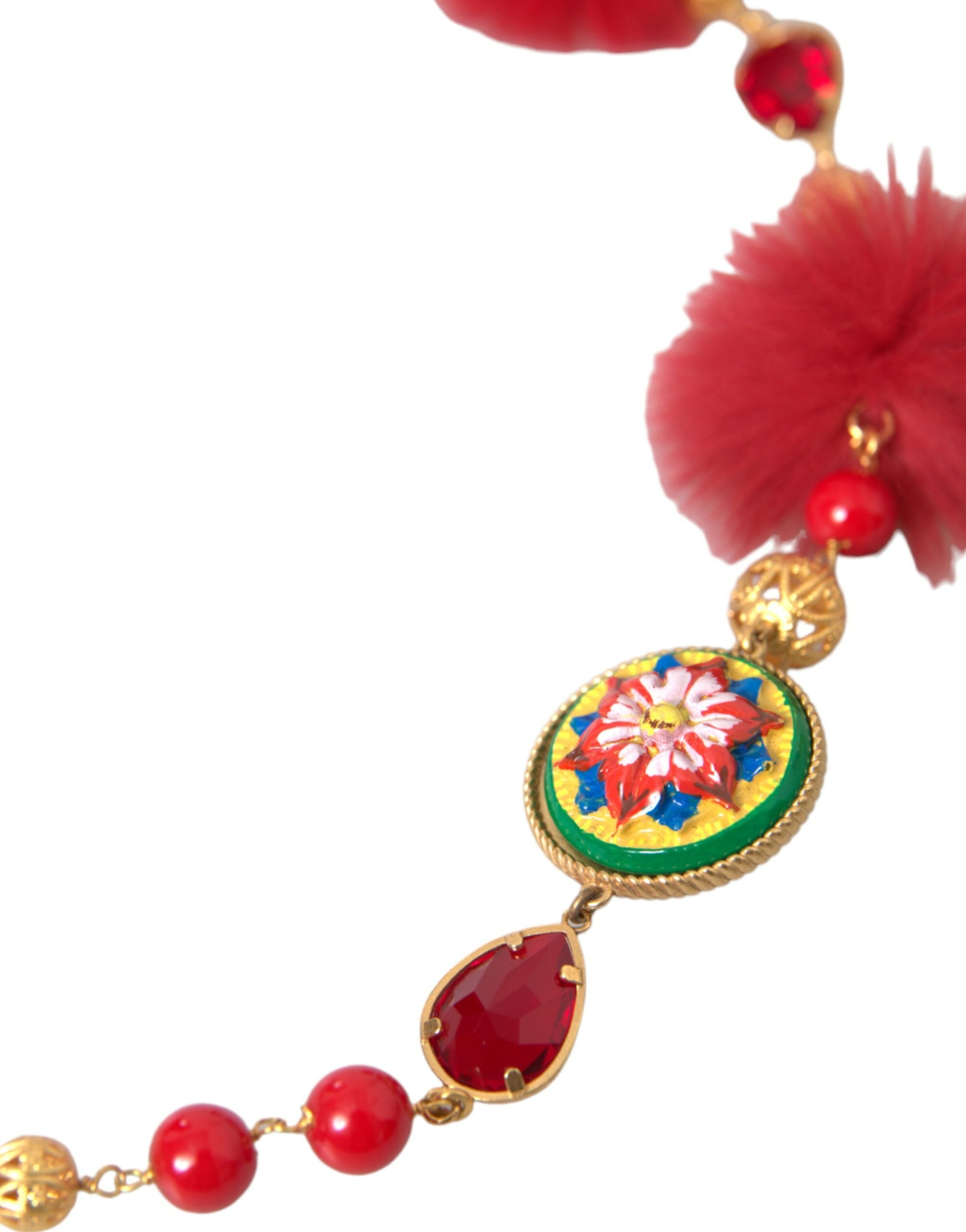 Dolce &amp; Gabbana Collier chaîne Carretto en laiton doré avec fourrure rouge et cristal