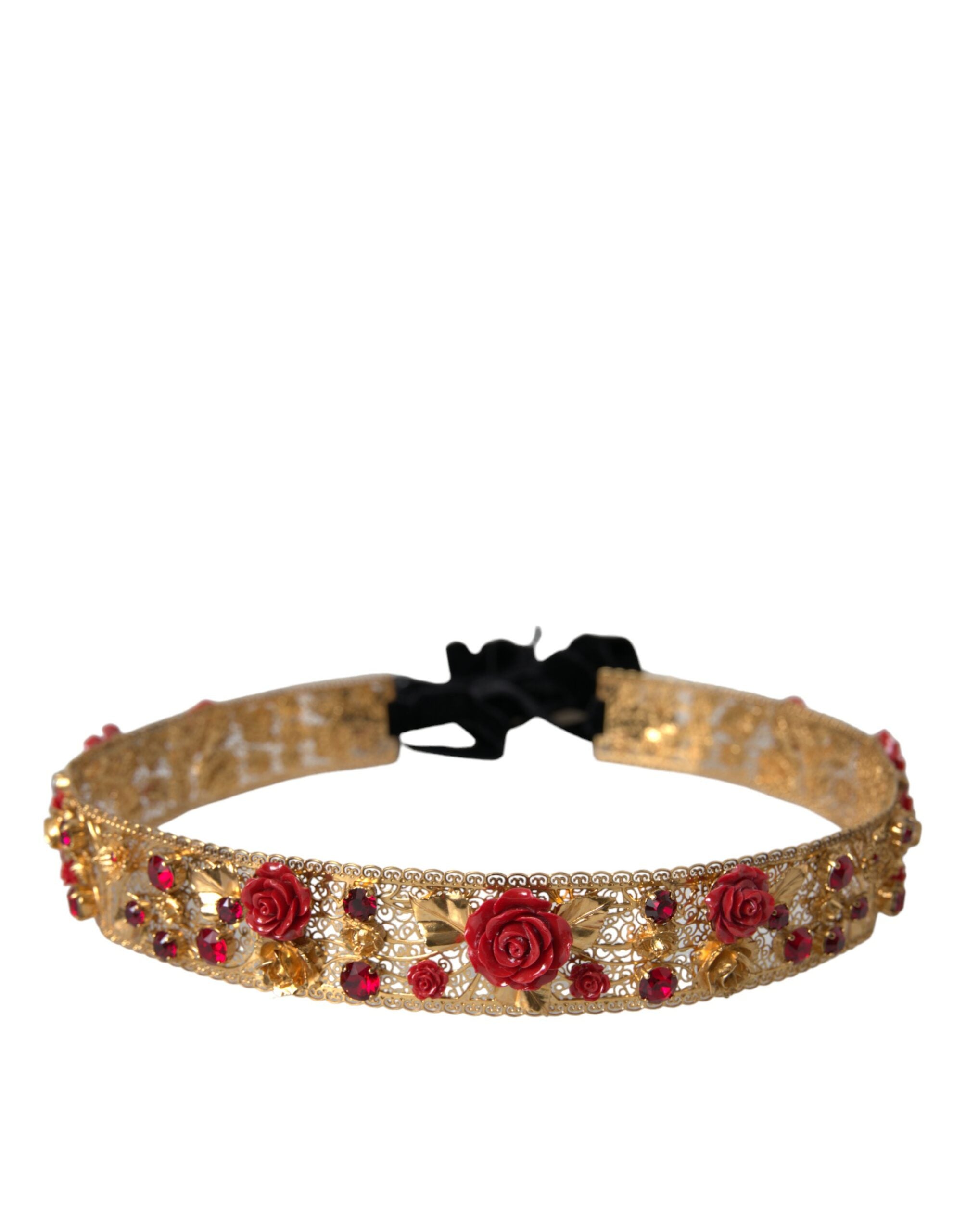 Dolce &amp; Gabbana Ceinture en laiton doré avec roses rouges et cristaux