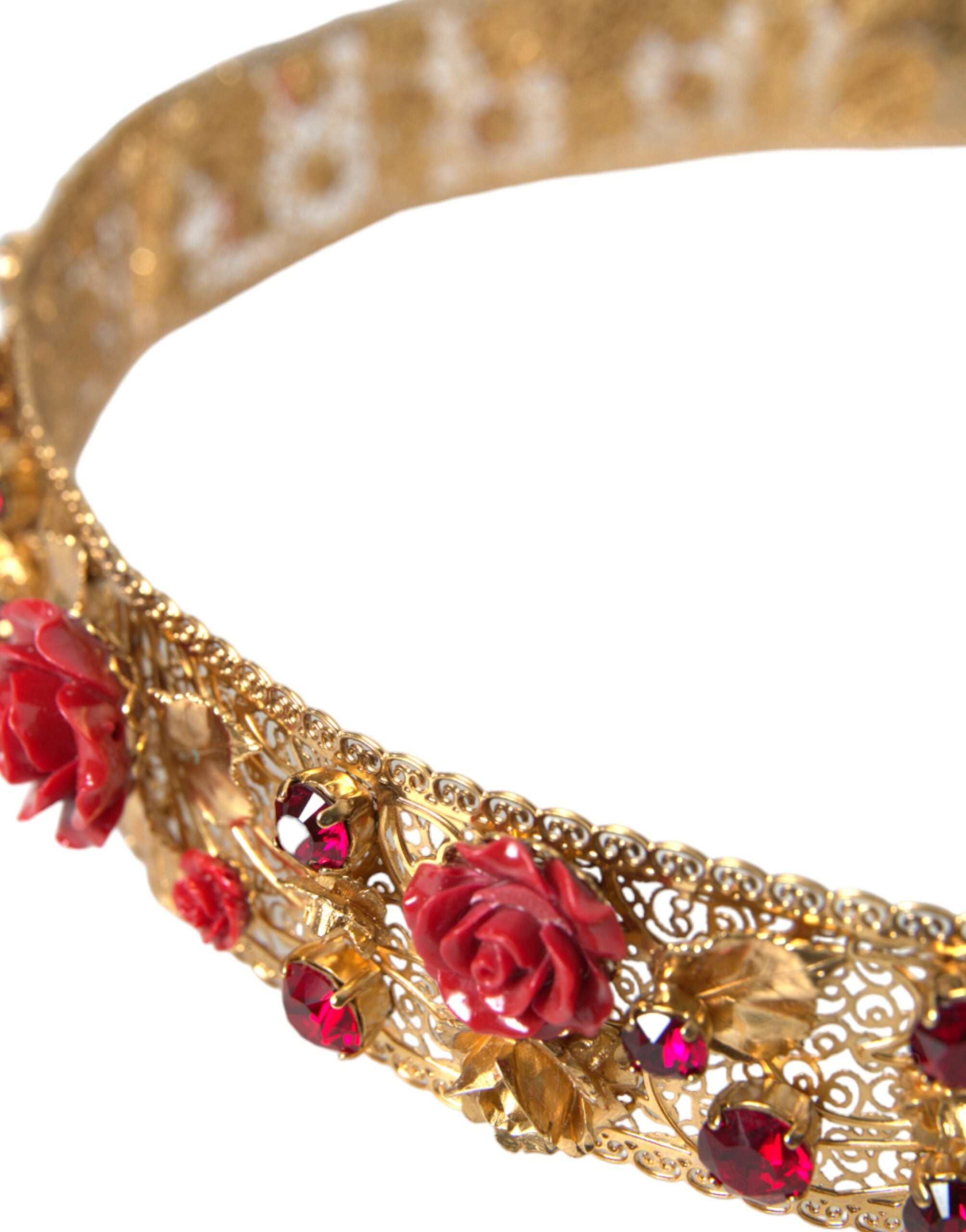 Dolce &amp; Gabbana Ceinture en laiton doré avec roses rouges et cristaux