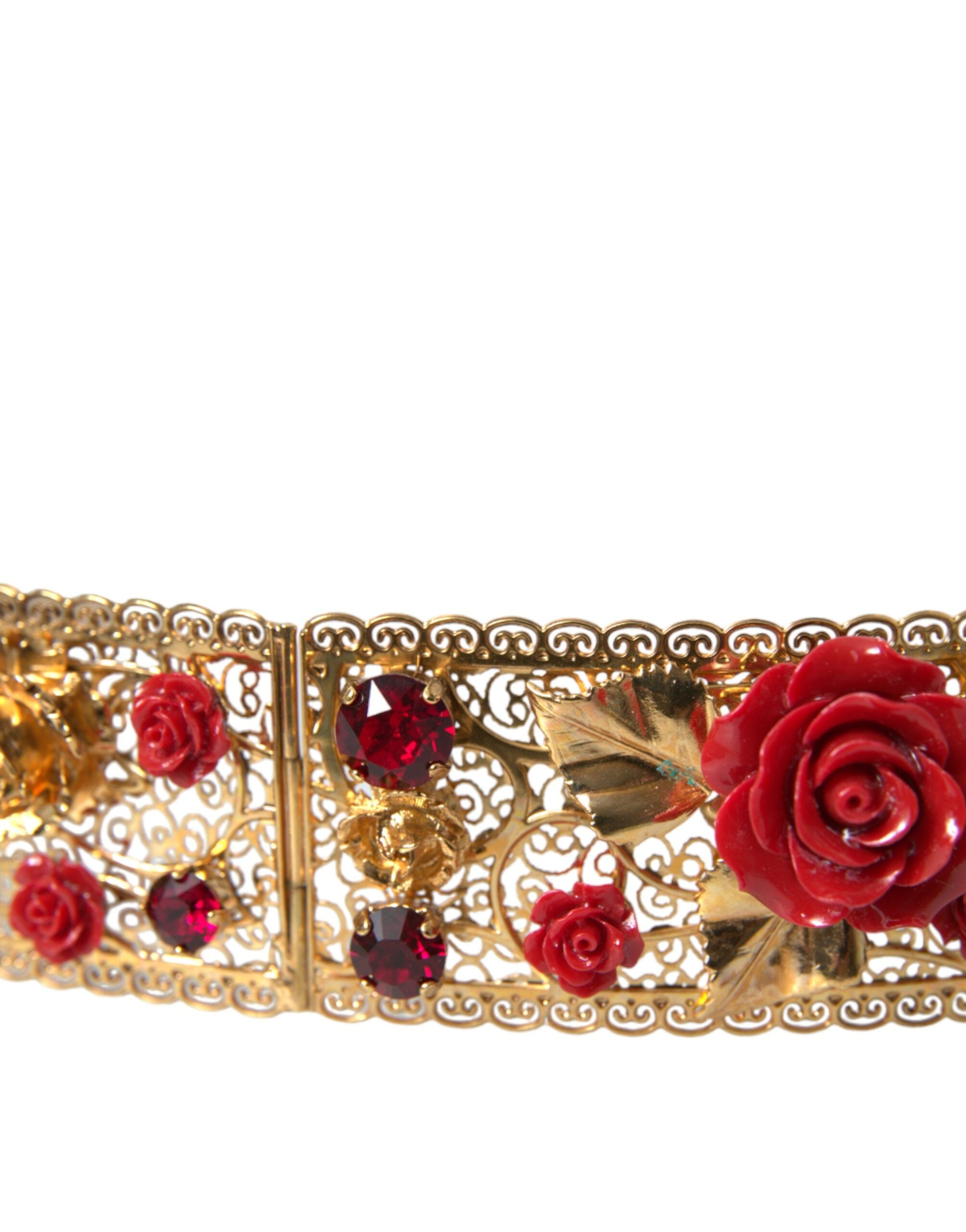 Dolce &amp; Gabbana Ceinture en laiton doré avec roses rouges et cristaux