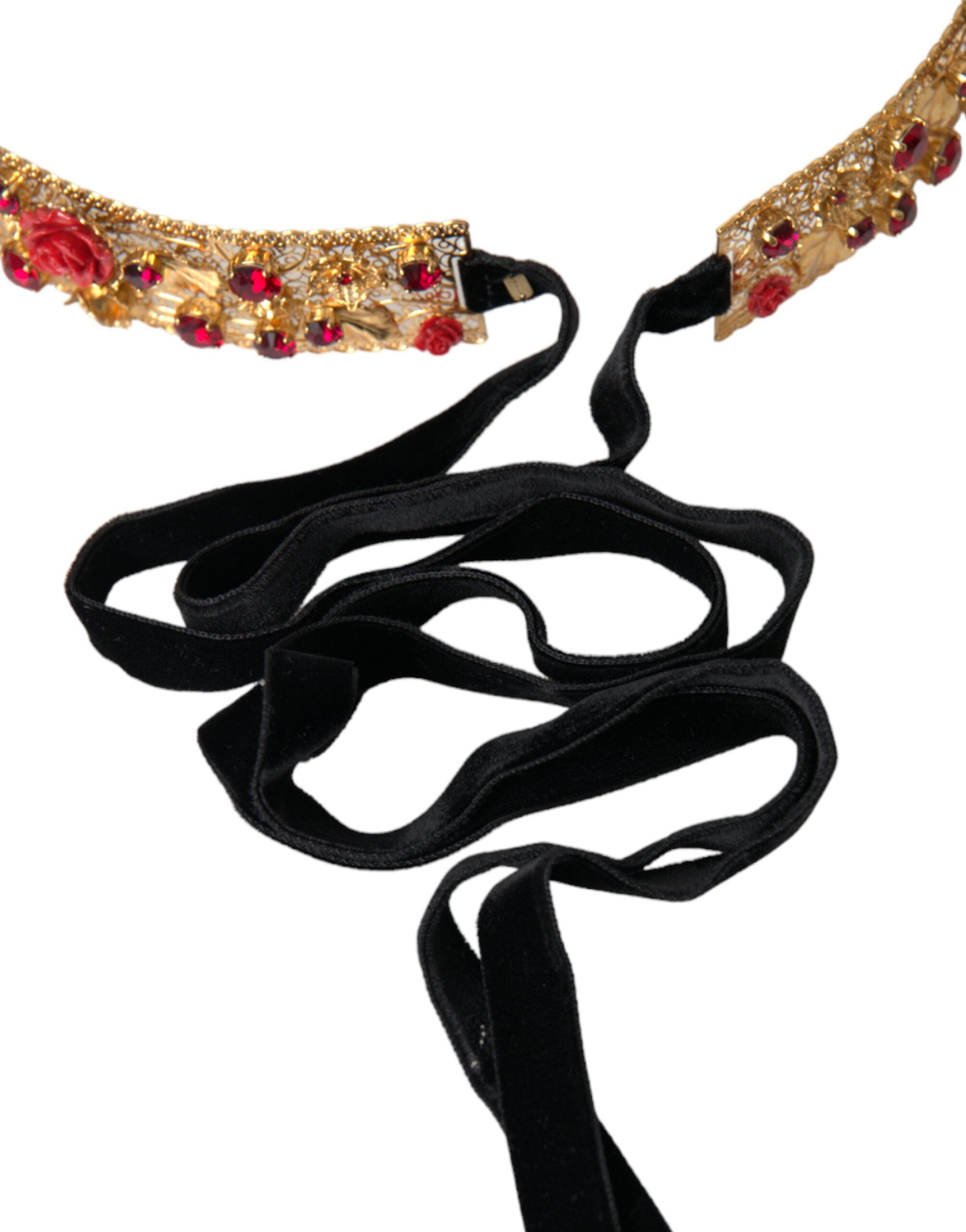 Dolce &amp; Gabbana Ceinture en laiton doré avec roses rouges et cristaux