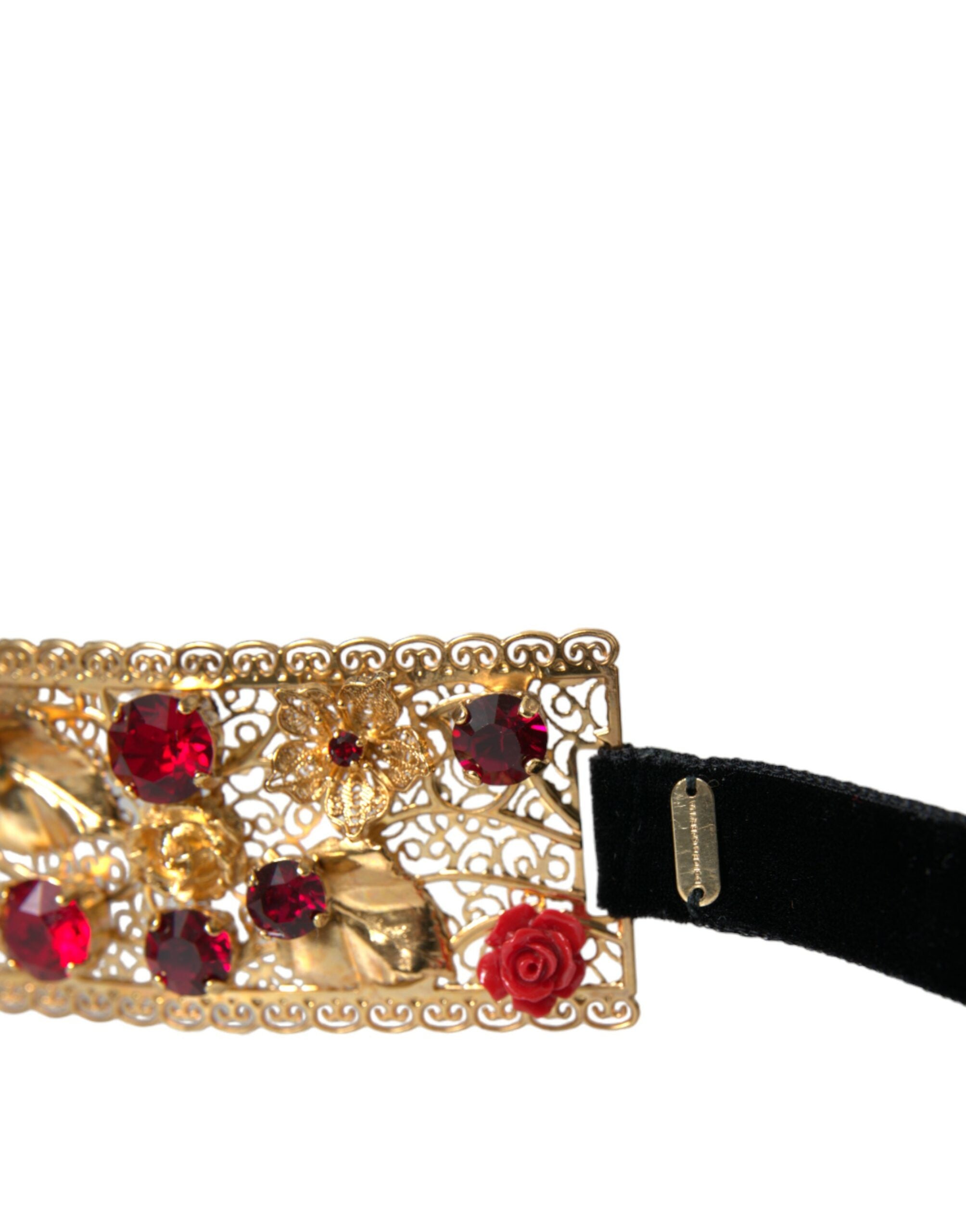 Dolce &amp; Gabbana Ceinture en laiton doré avec roses rouges et cristaux