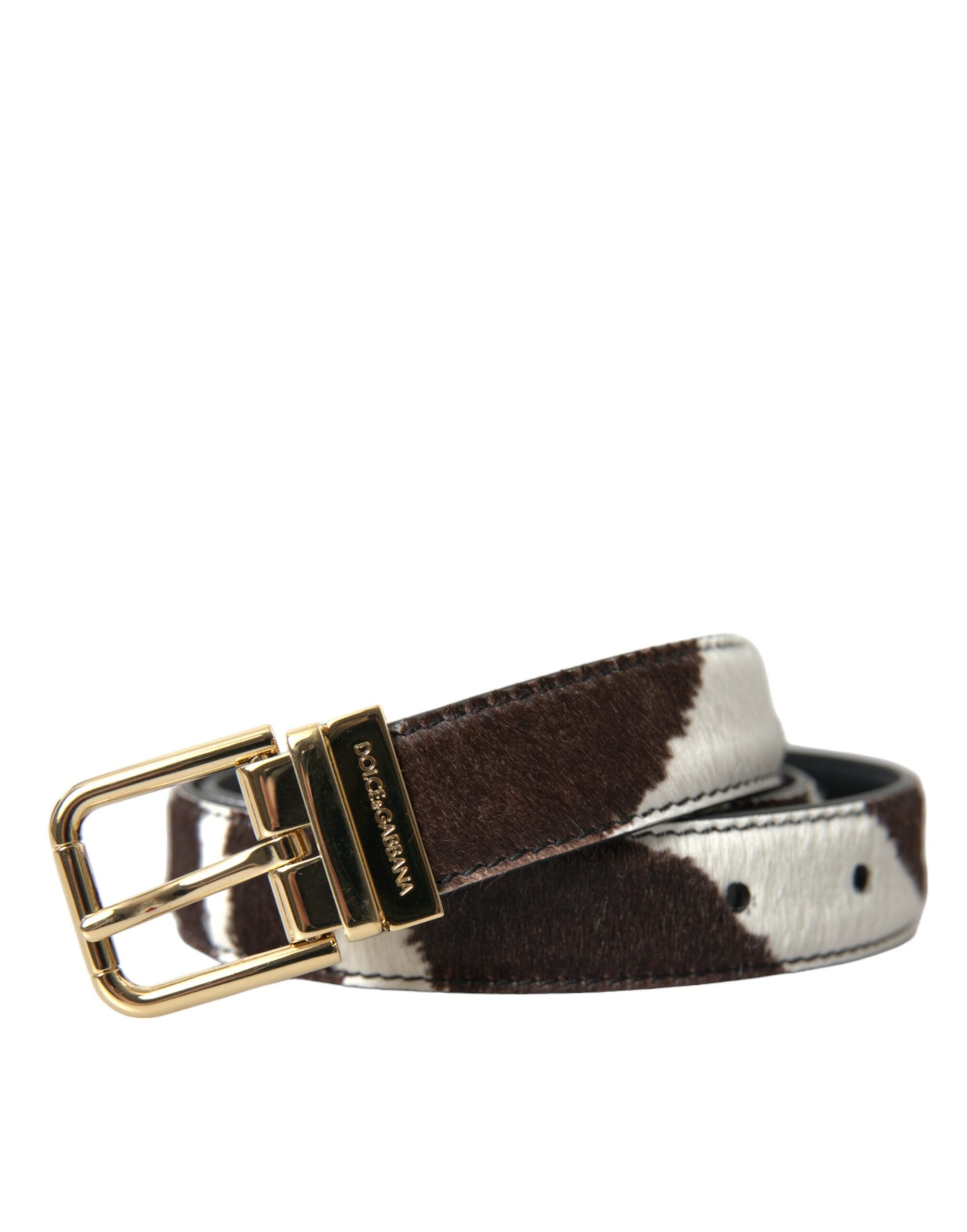 Dolce &amp; Gabbana Ceinture à boucle dorée en cheveux de poney zèbre blanc marron