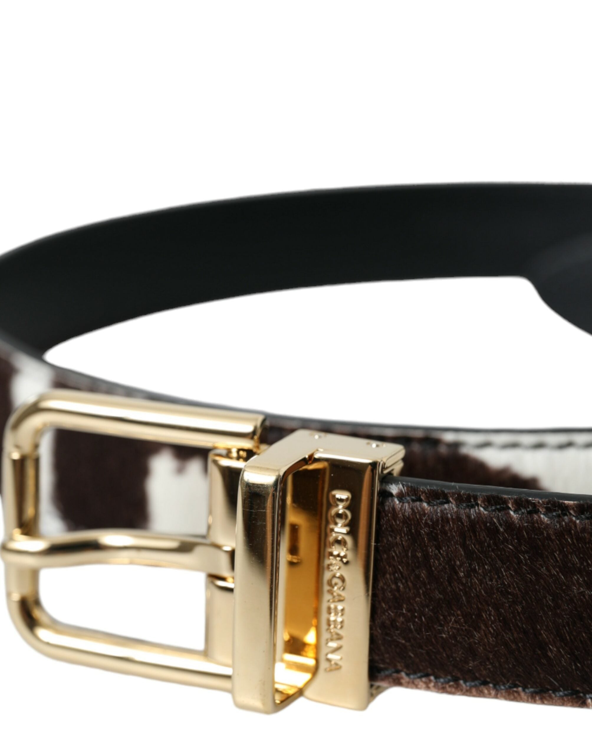 Dolce &amp; Gabbana Ceinture à boucle dorée en cheveux de poney zèbre blanc marron