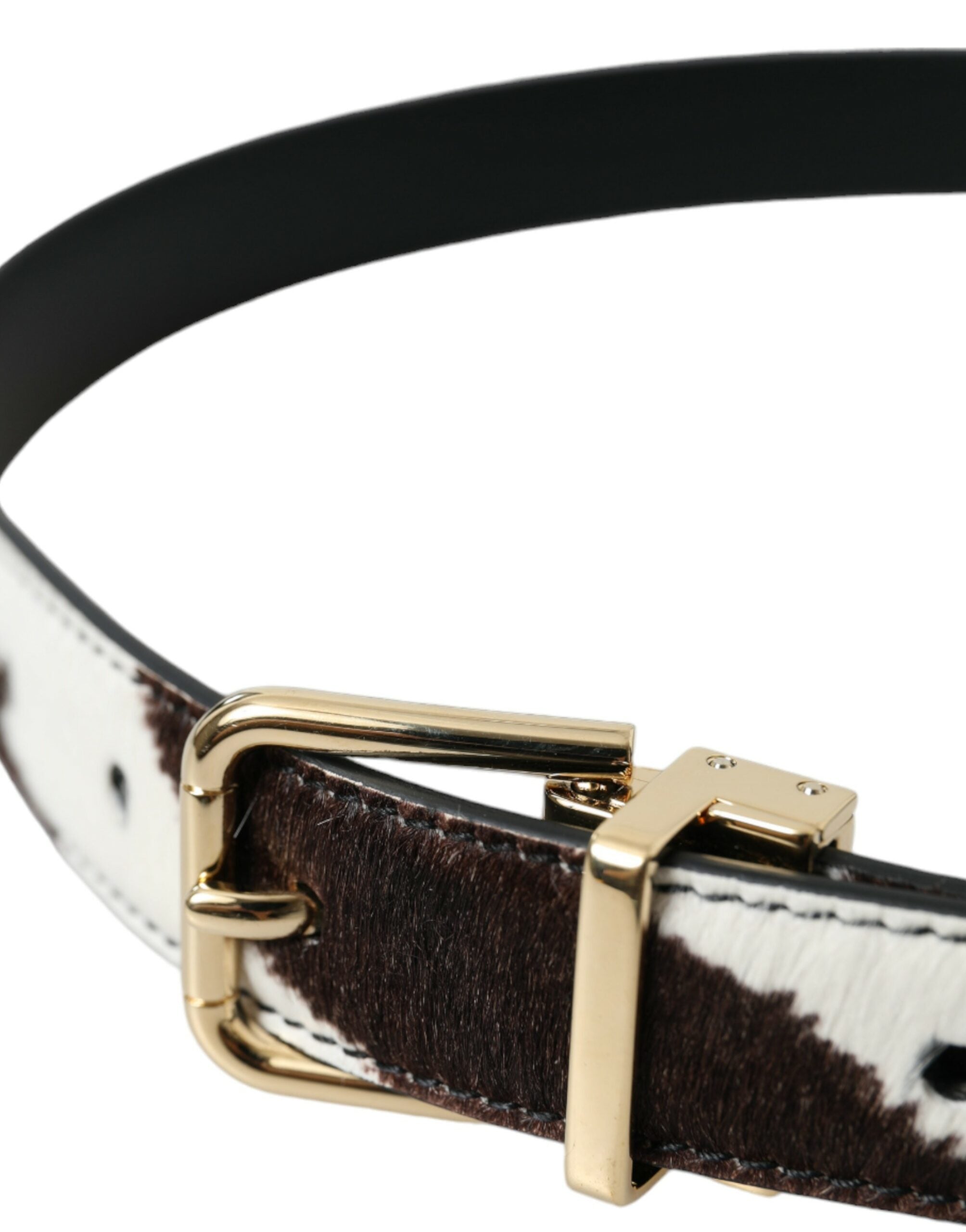 Dolce &amp; Gabbana Ceinture à boucle dorée en cheveux de poney zèbre blanc marron