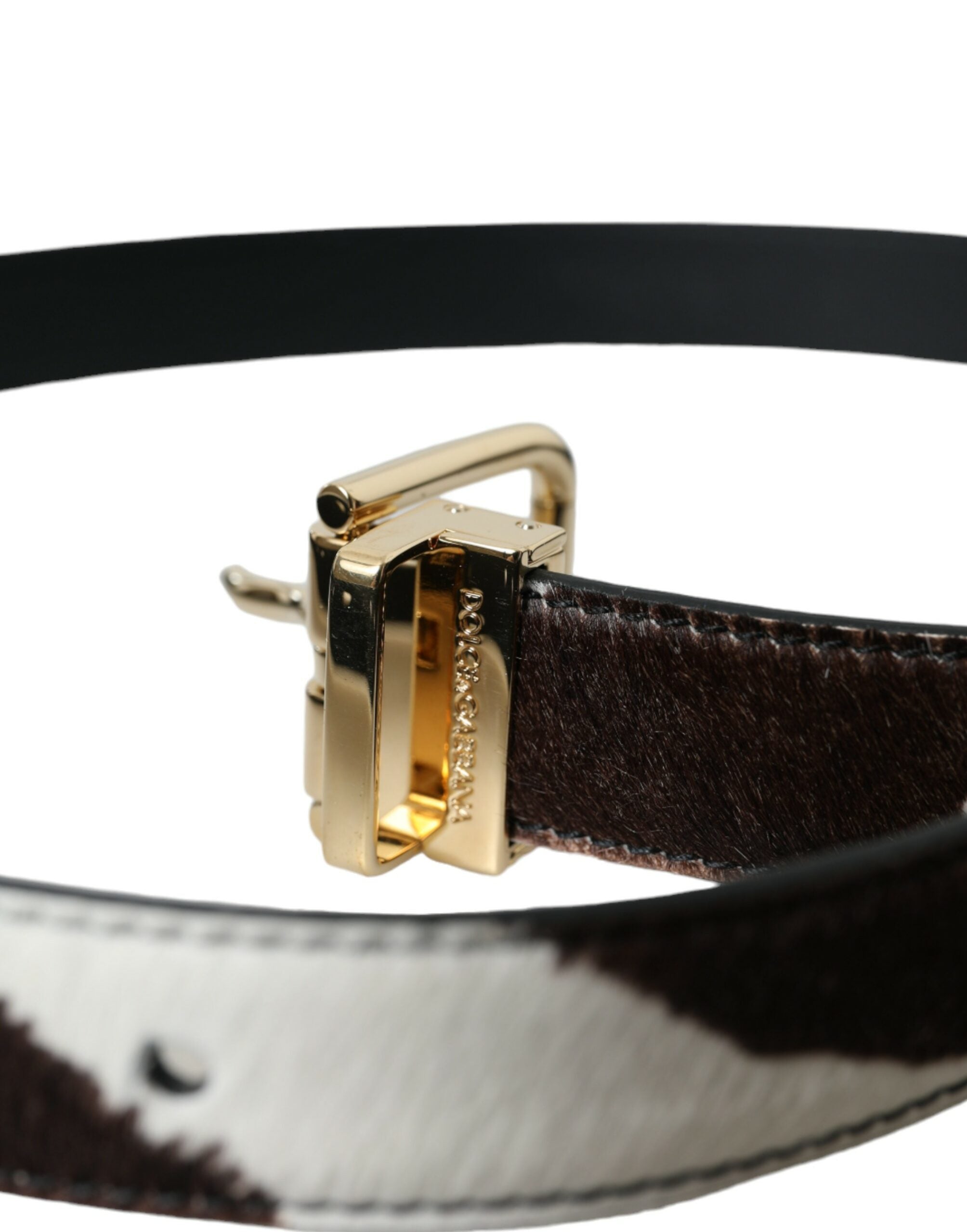 Dolce &amp; Gabbana Ceinture à boucle dorée en cheveux de poney zèbre blanc marron