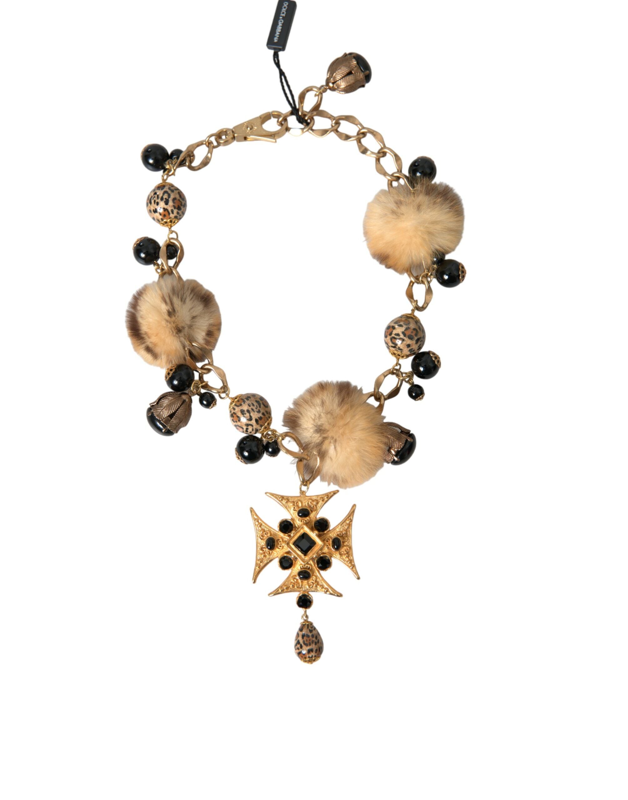 Collier ras du cou en filigrane de fourrure de lapin avec cristaux noirs dorés Dolce &amp; Gabbana