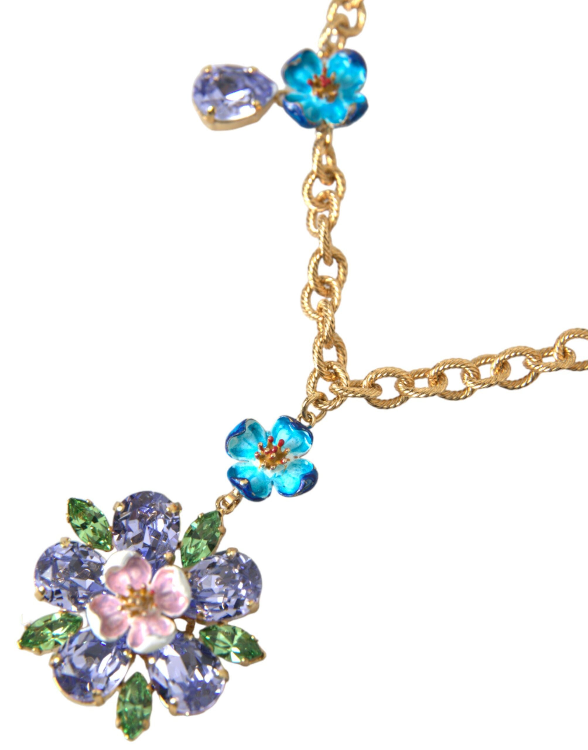 Dolce &amp; Gabbana Collier à breloques avec pendentif floral en cristal et chaîne en laiton doré