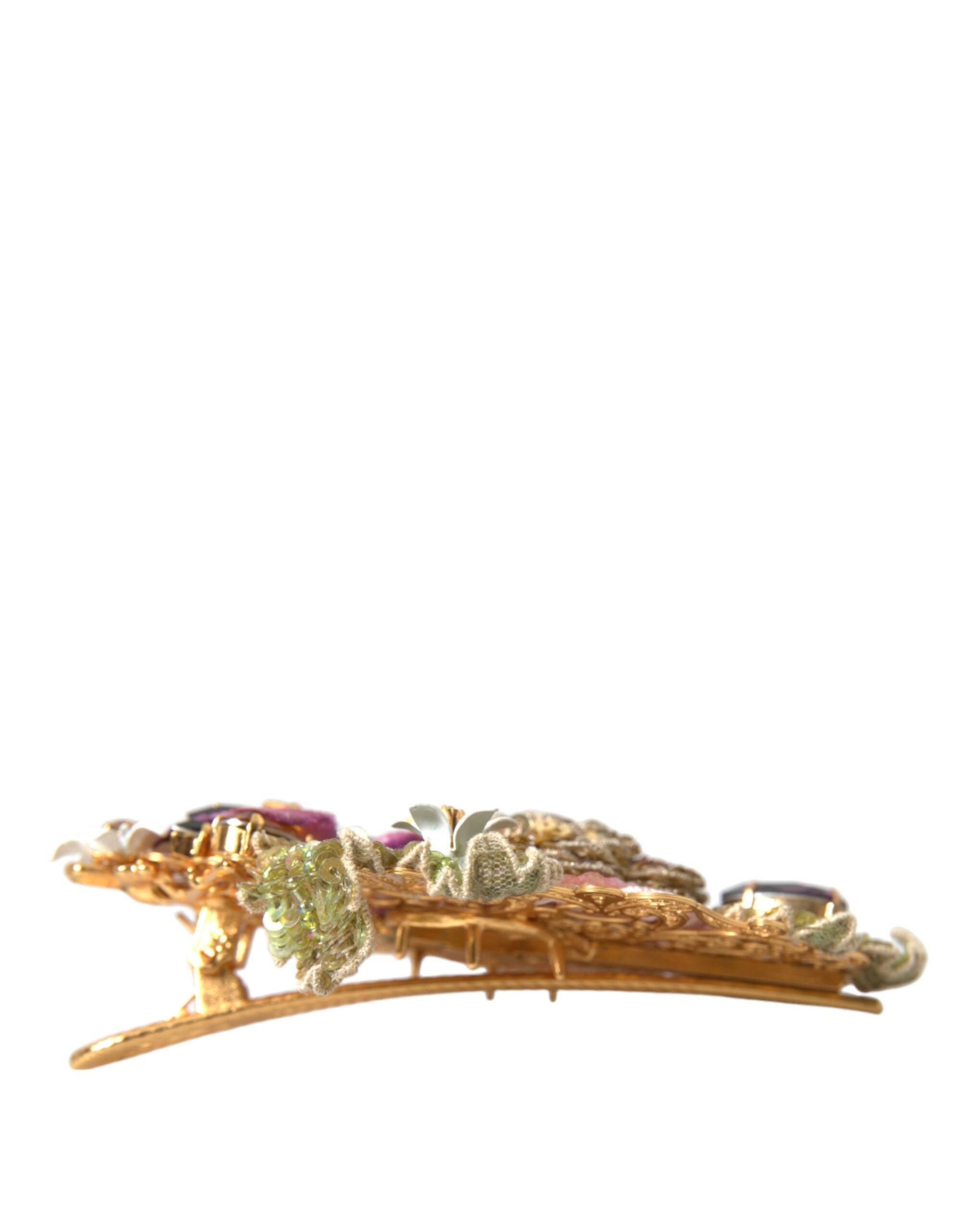 Dolce & Gabbana Gold Brass Floral Crystal Sequined Hair Clip