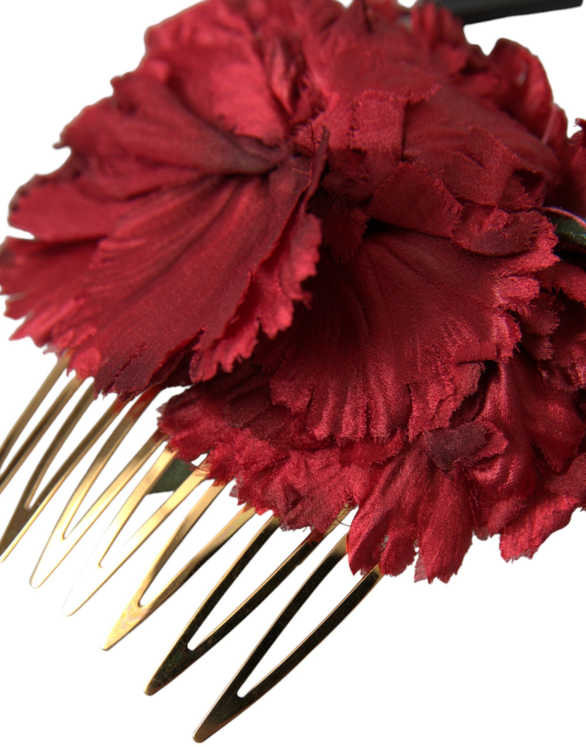 Dolce & Gabbana Red Silk Floral Gold Brass Women Hair Comb