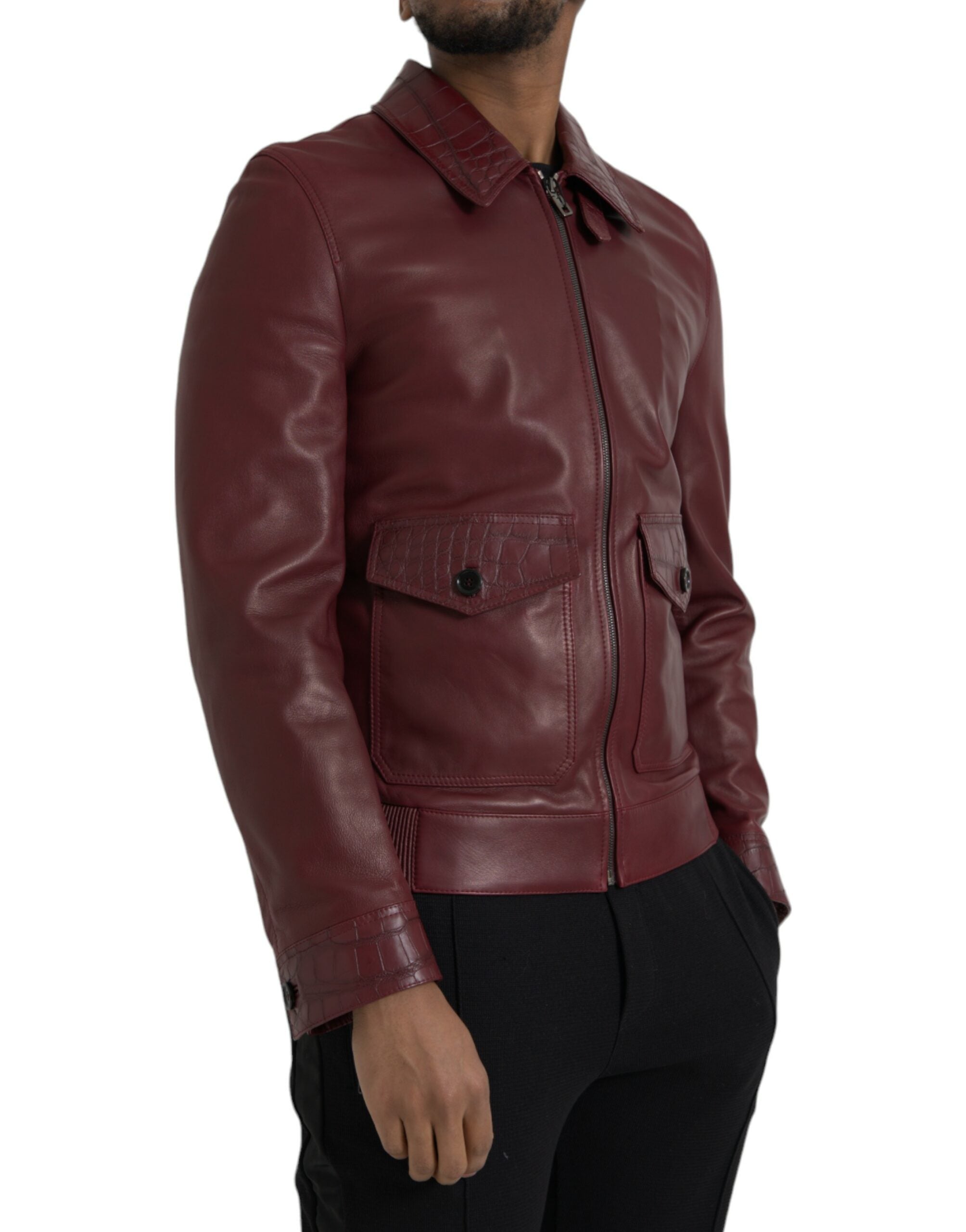 Dolce &amp; Gabbana Veste de motard zippée en cuir exotique marron