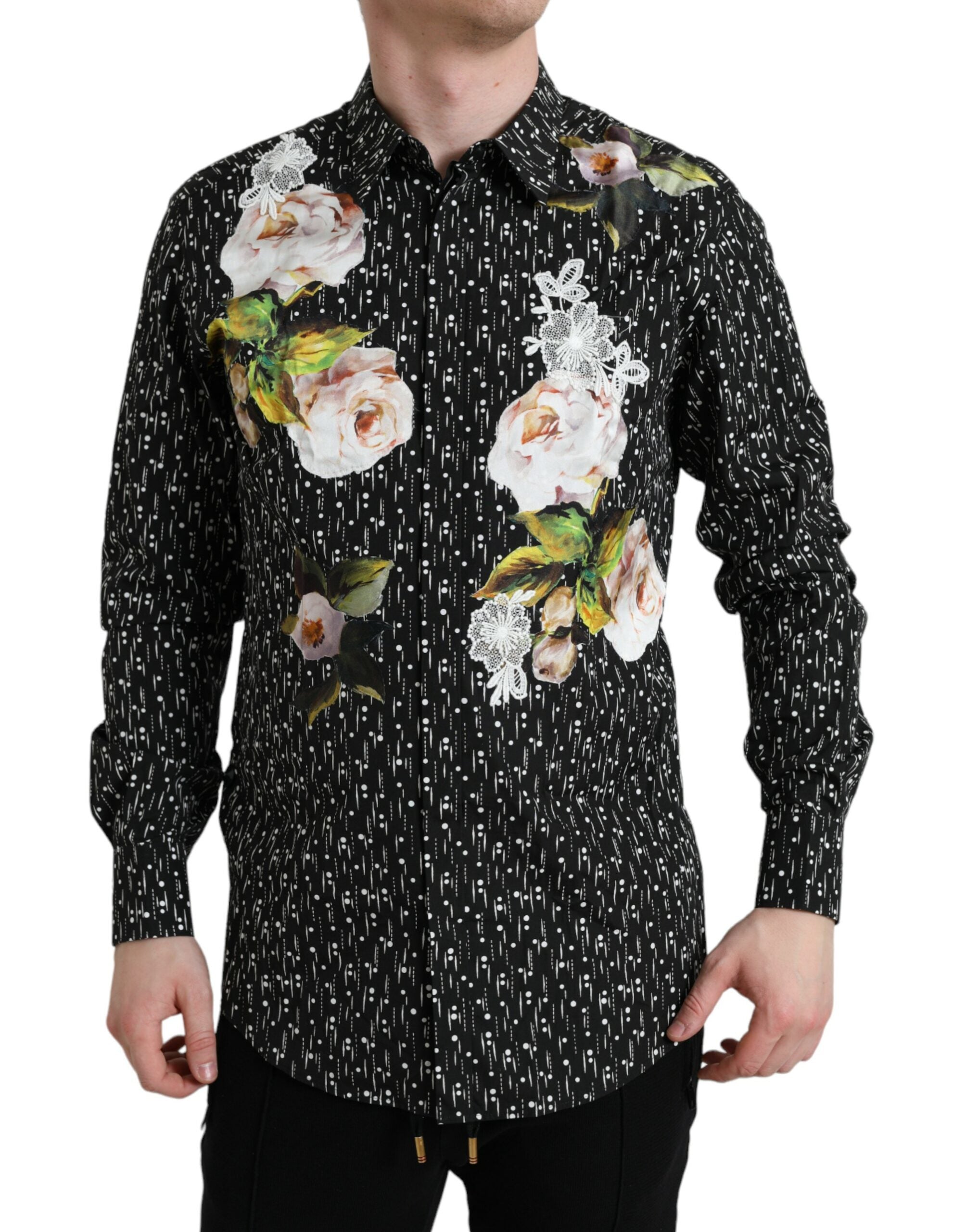 Dolce &amp; Gabbana Robe formelle noire à fleurs pour hommes Chemise OR