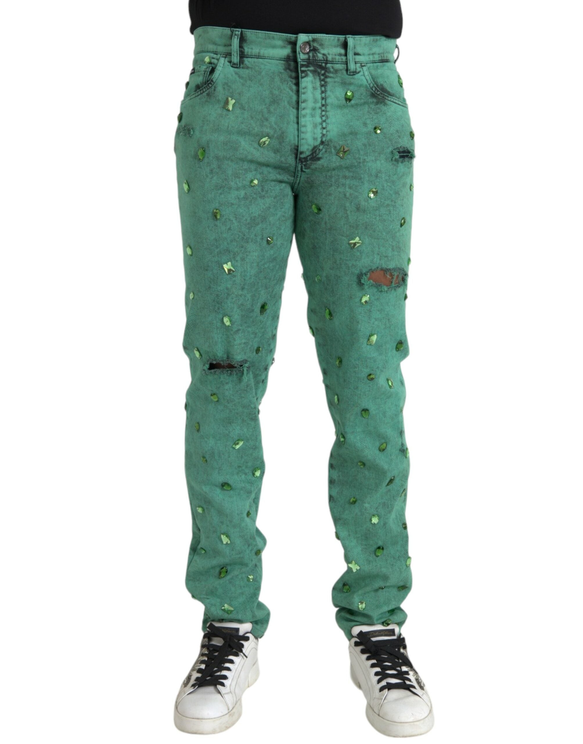 Dolce &amp; Gabbana Jean slim stretch en coton vert cristaux