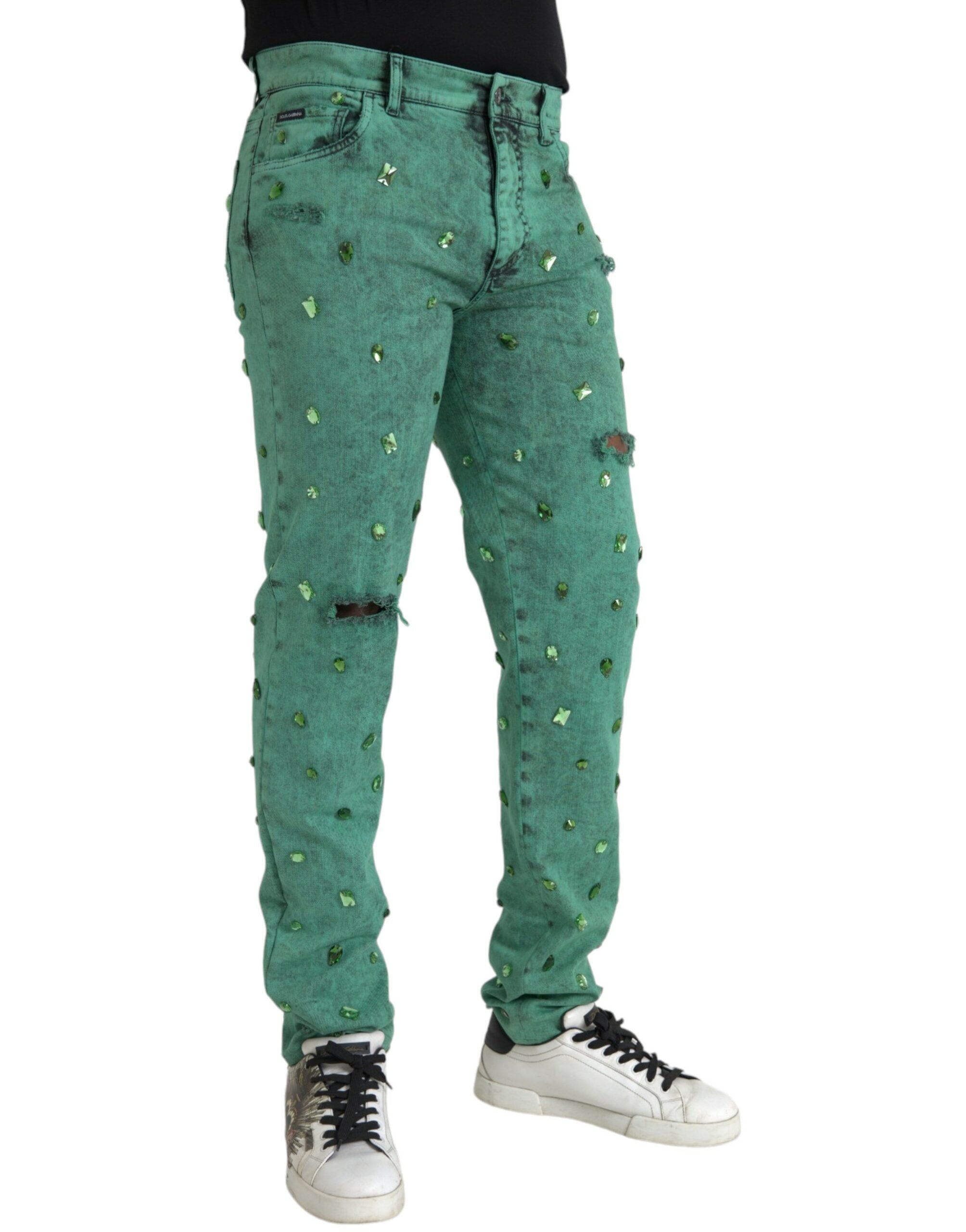 Dolce &amp; Gabbana Jean slim stretch en coton vert cristaux