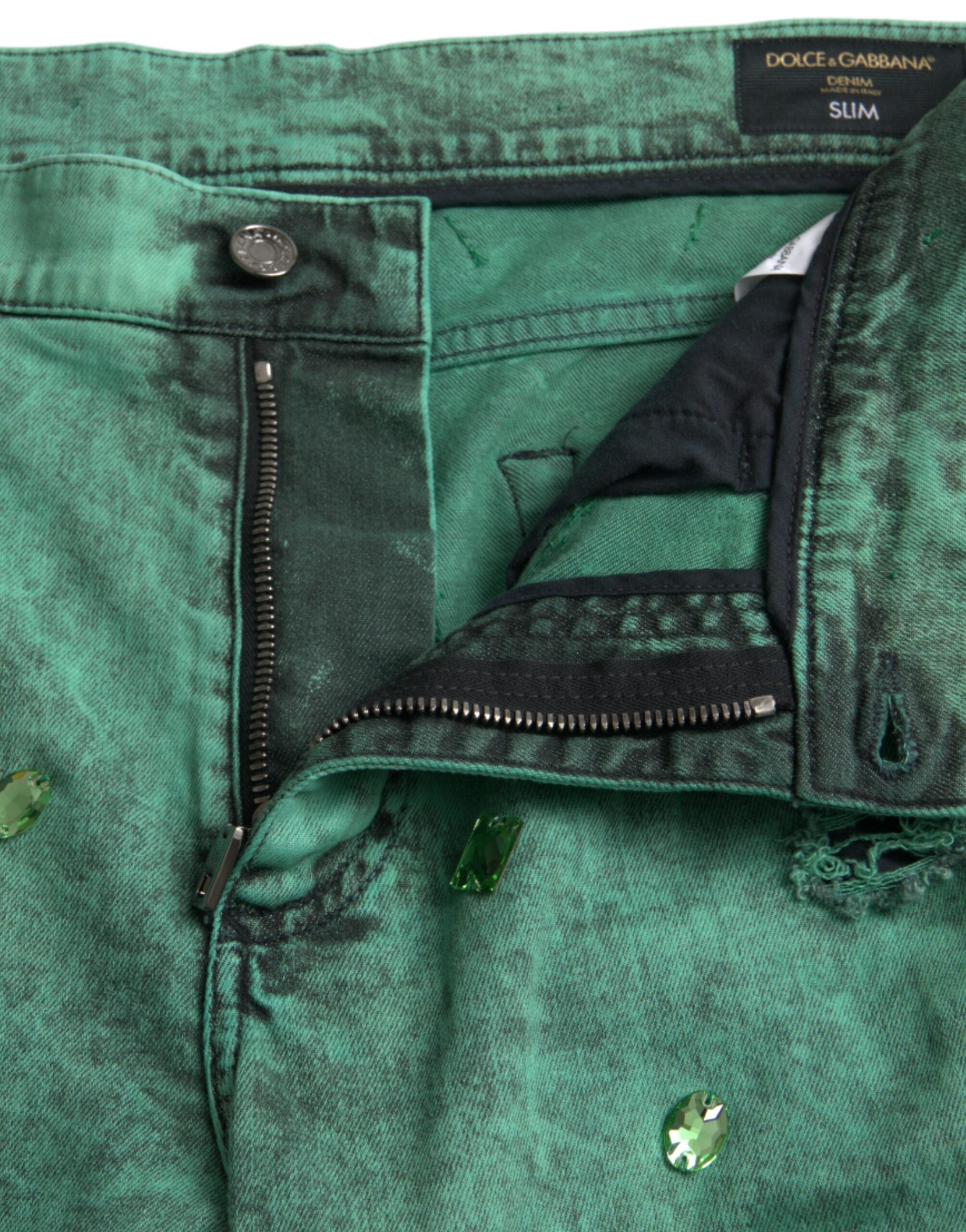 Dolce &amp; Gabbana Jean slim stretch en coton vert cristaux