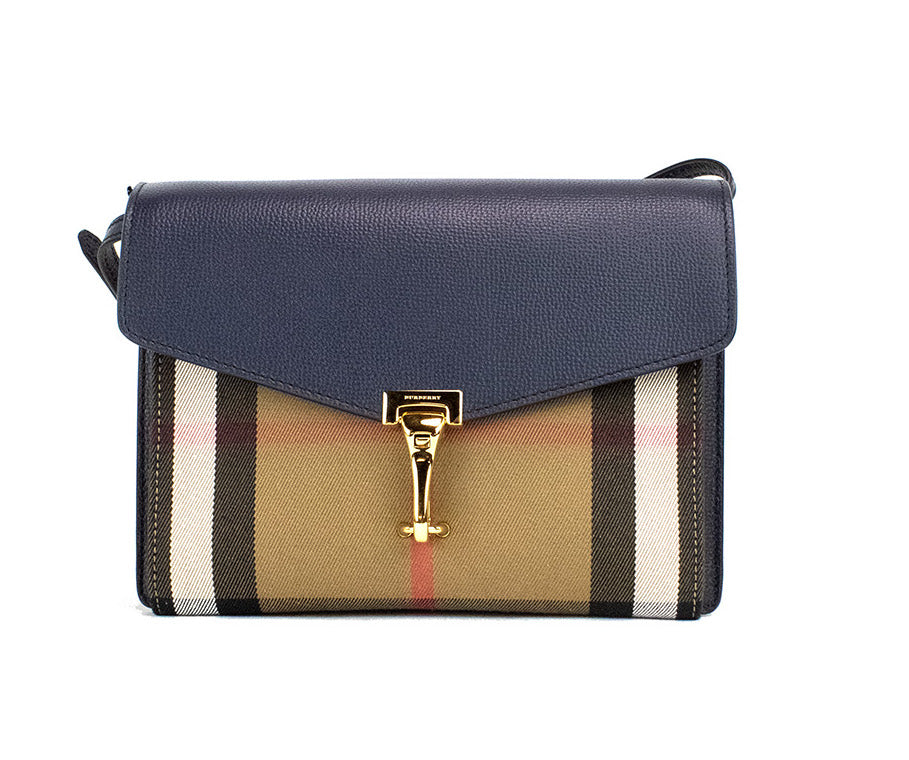 Burberry Macken Petit sac à bandoulière en cuir grainé Derby à carreaux bleu encre