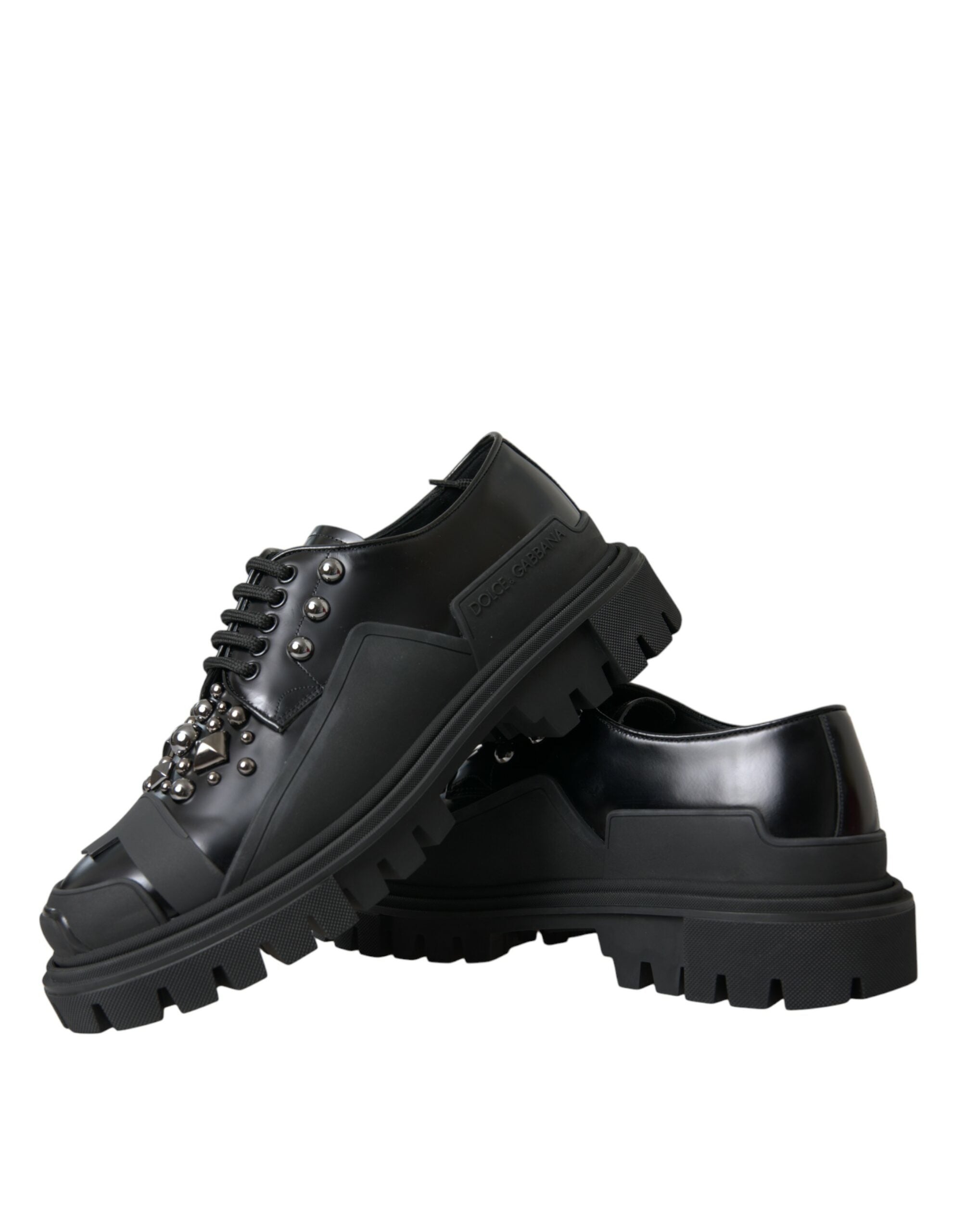 Dolce & Gabbana Black Leather Studded Trekking Sneakers Shoes