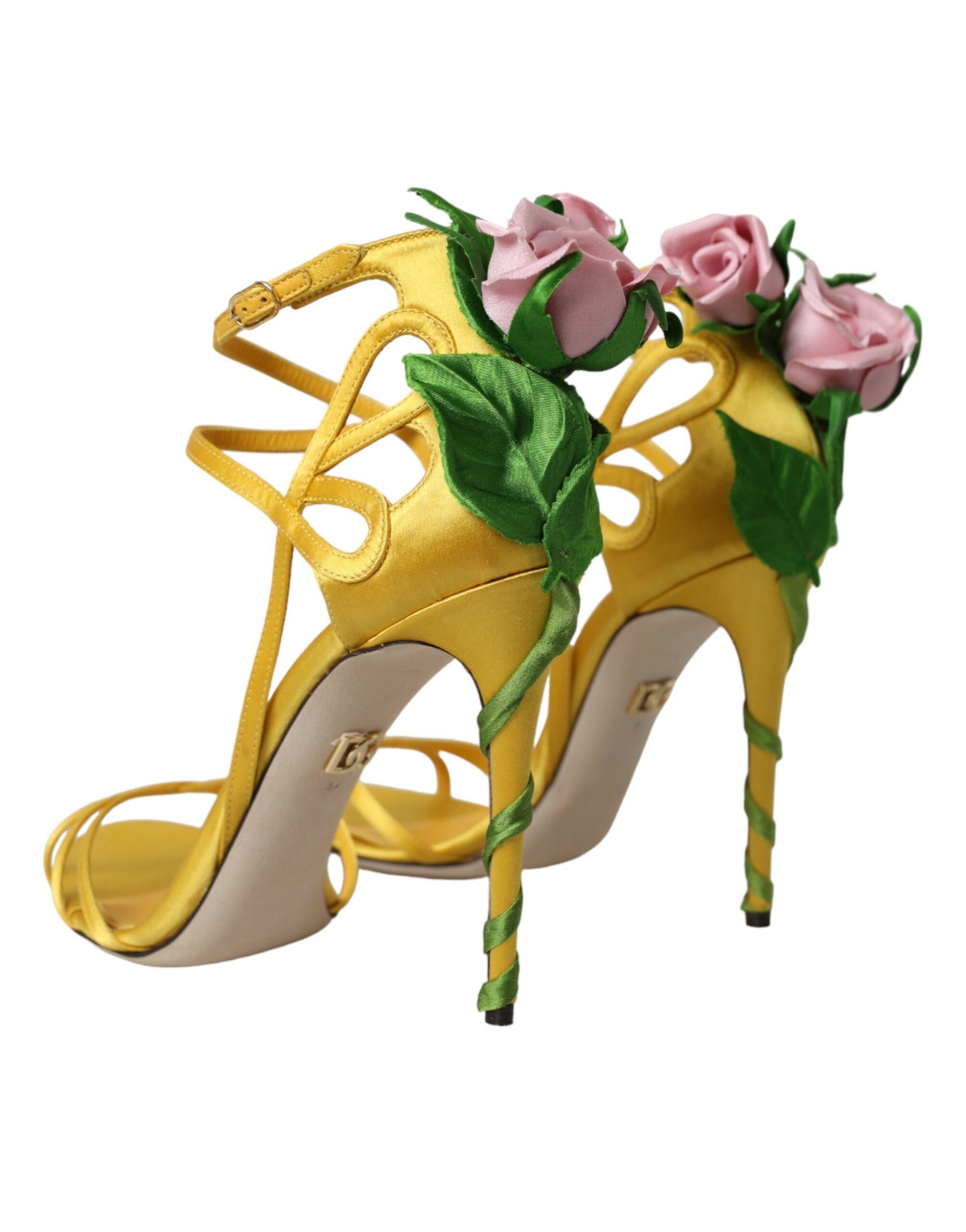 Dolce & Gabbana Yellow Flower Satin Heels Sandals Shoes