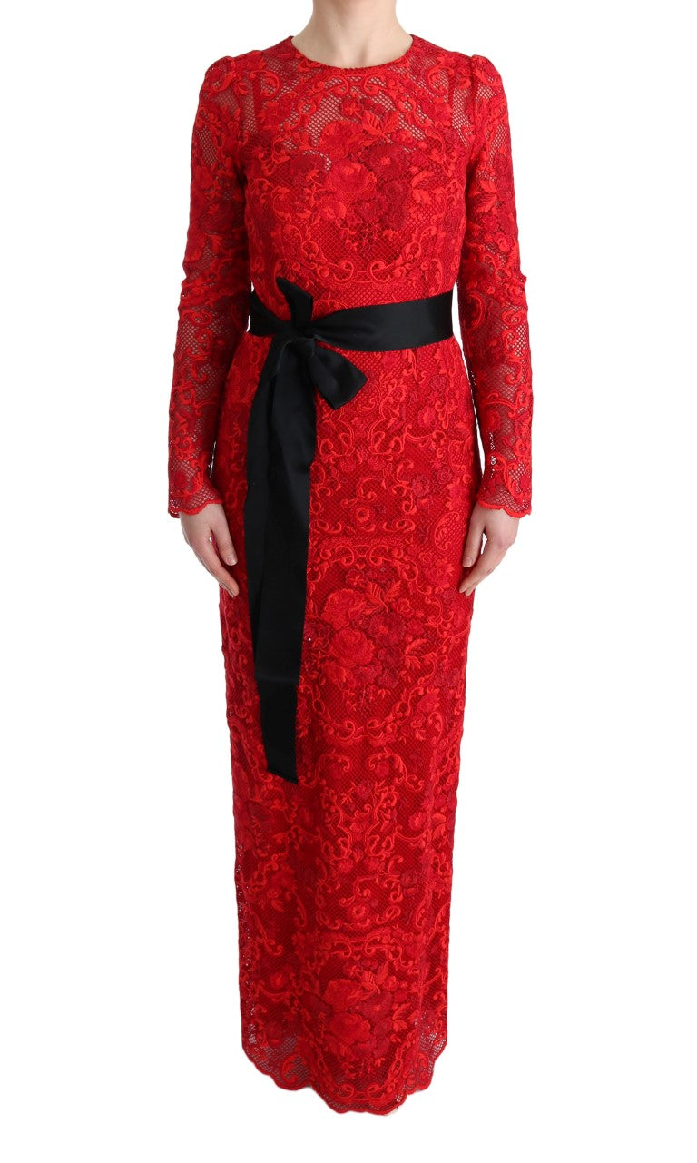 Dolce &amp; Gabbana Robe fourreau rouge élégante avec ceinture à nœud en soie