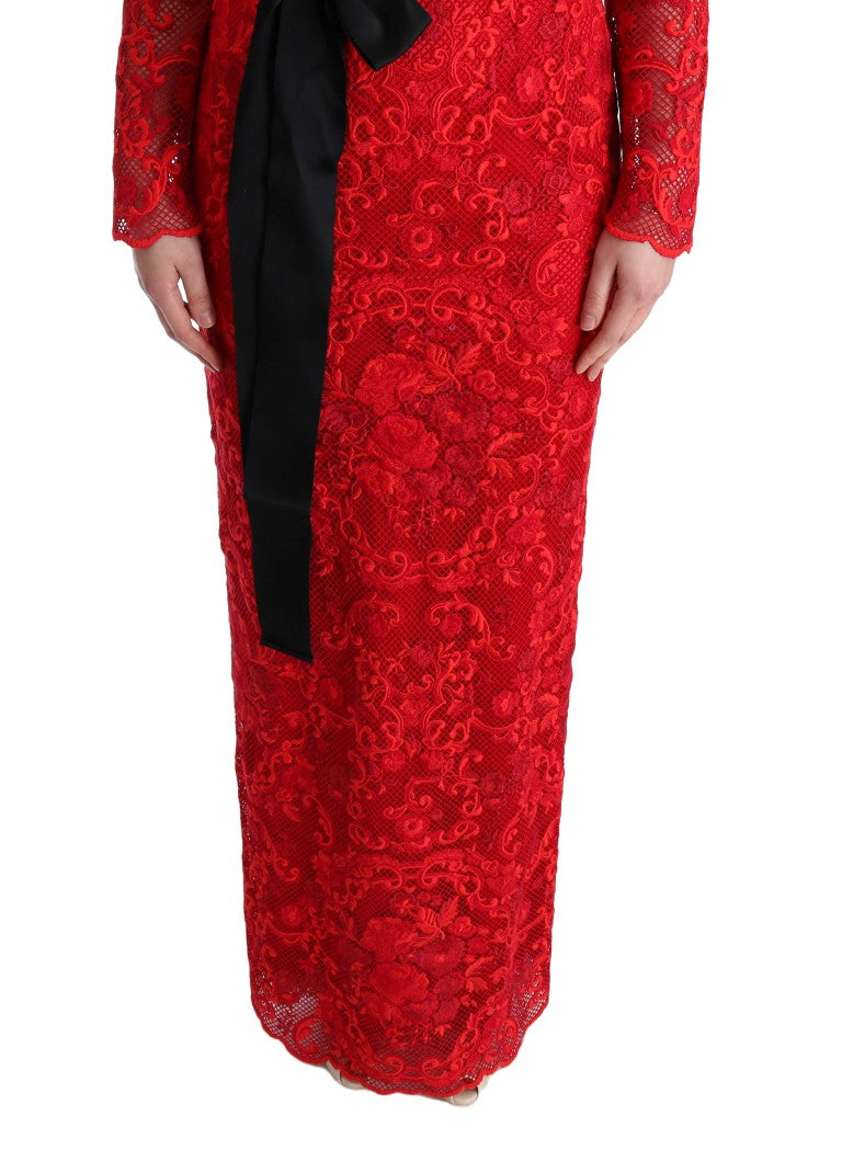 Dolce &amp; Gabbana Robe fourreau rouge élégante avec ceinture à nœud en soie