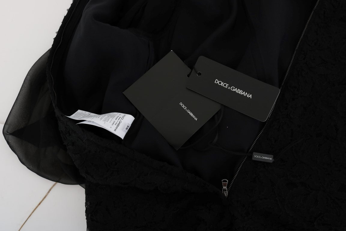 Dolce &amp; Gabbana Robe droite élégante en dentelle noire avec appliques en forme de cœur