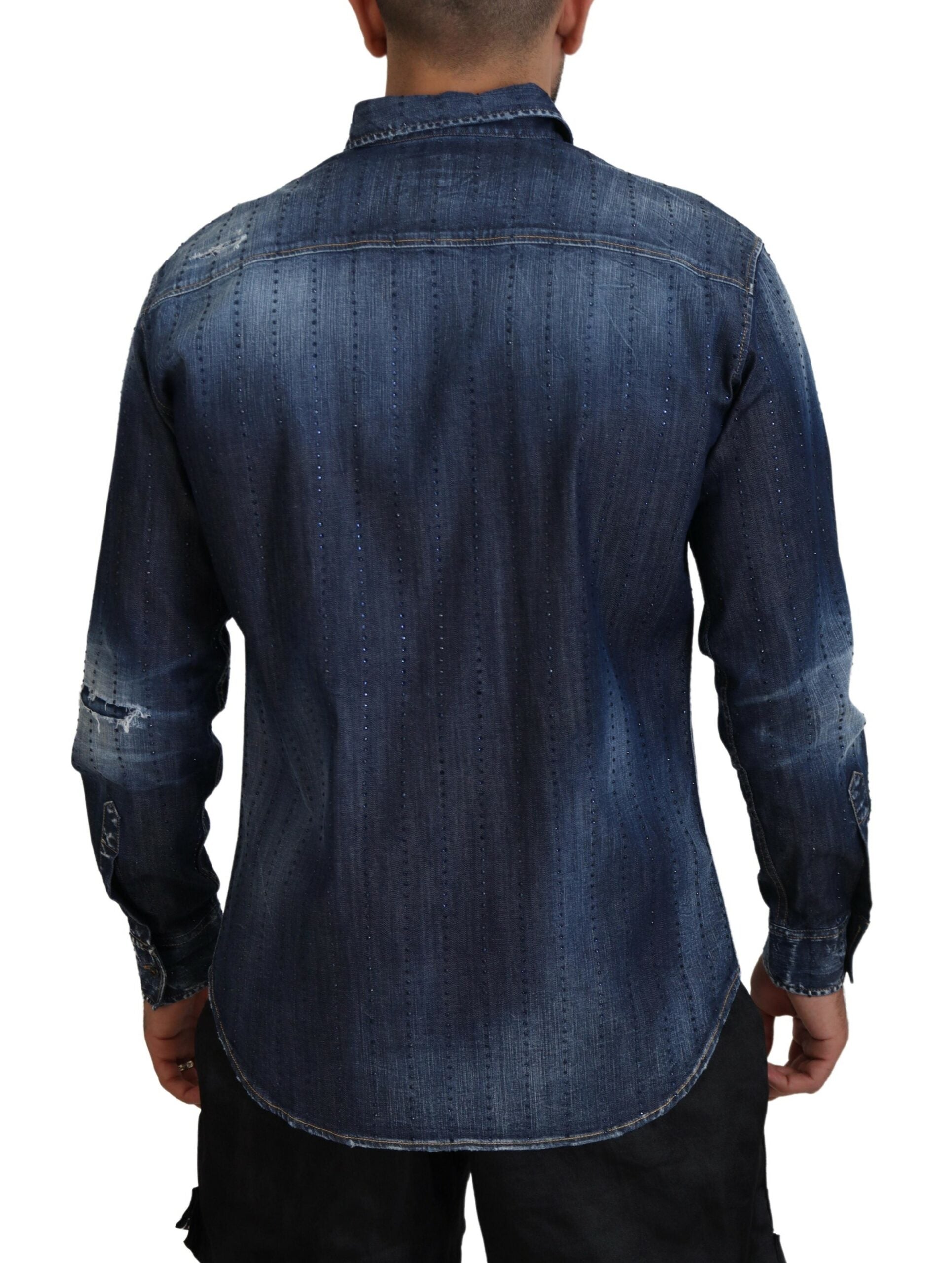 Dsquared² Blue Tattered Crystal Embellished Denim Shirt