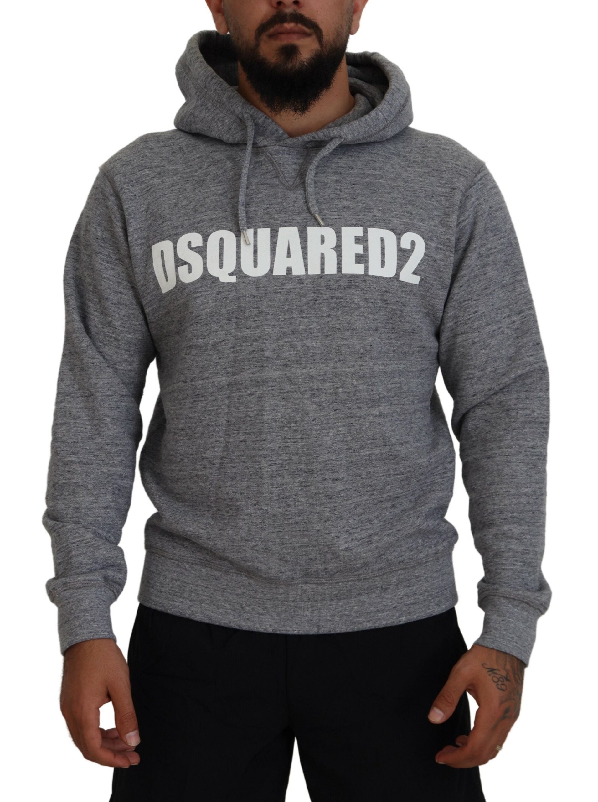 Dsquared² Gray Cotton Hooded Logo Print Men Pullover Sweater