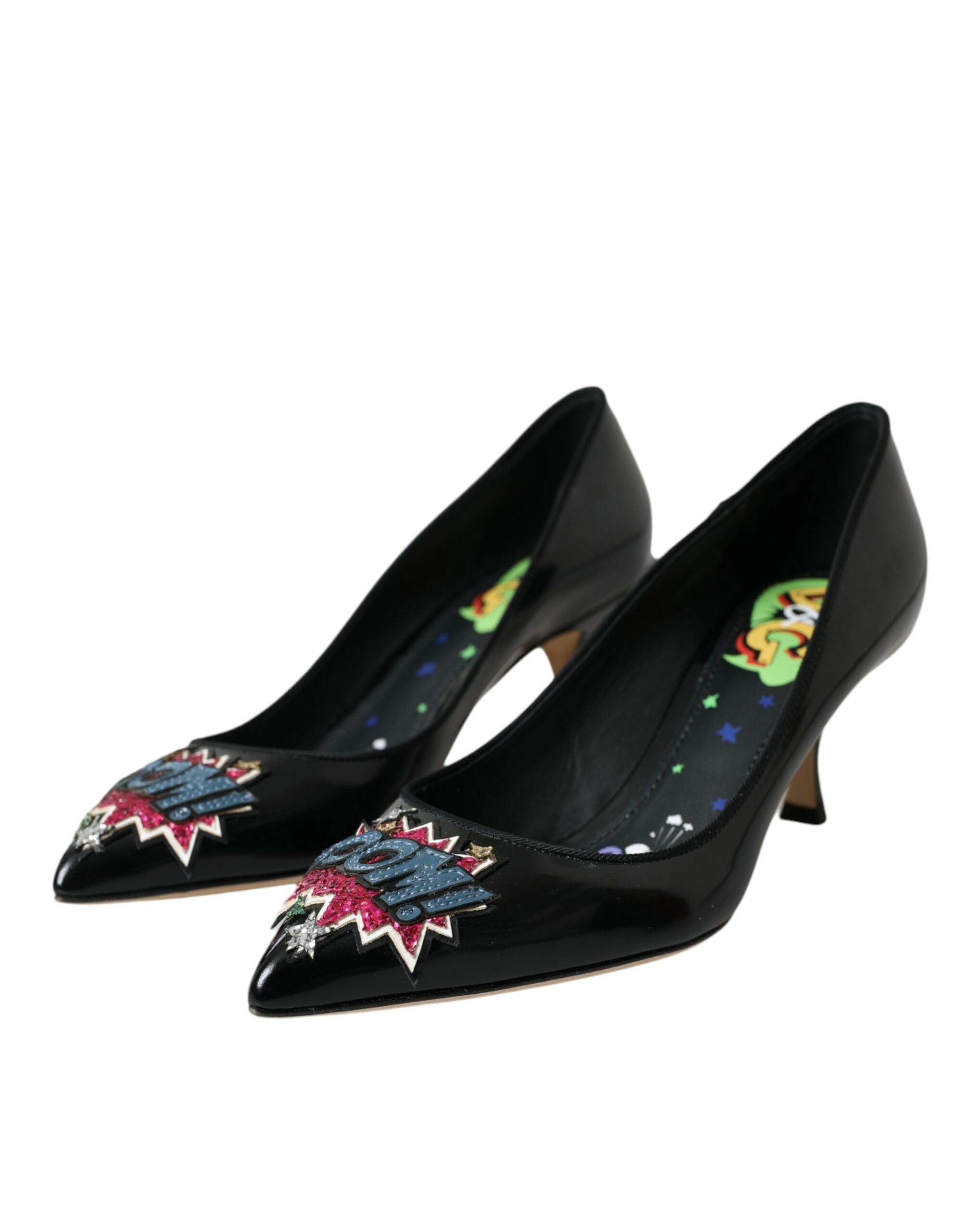 Dolce & Gabbana Black Leather BOOM Patch Heels Pumps Shoes