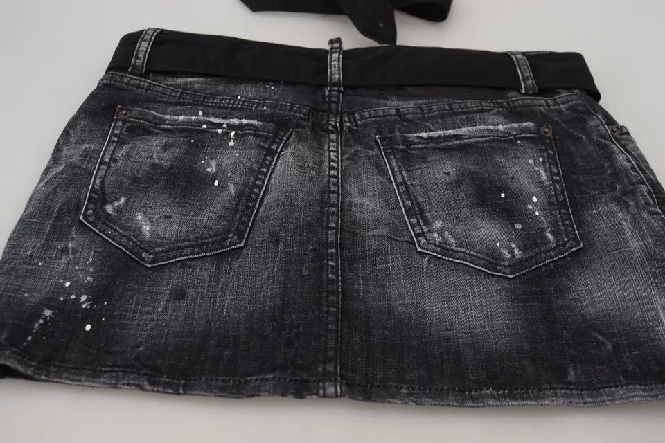 Dsquared² Black Distressed Mid Waist A-line Denim Mini Skirt