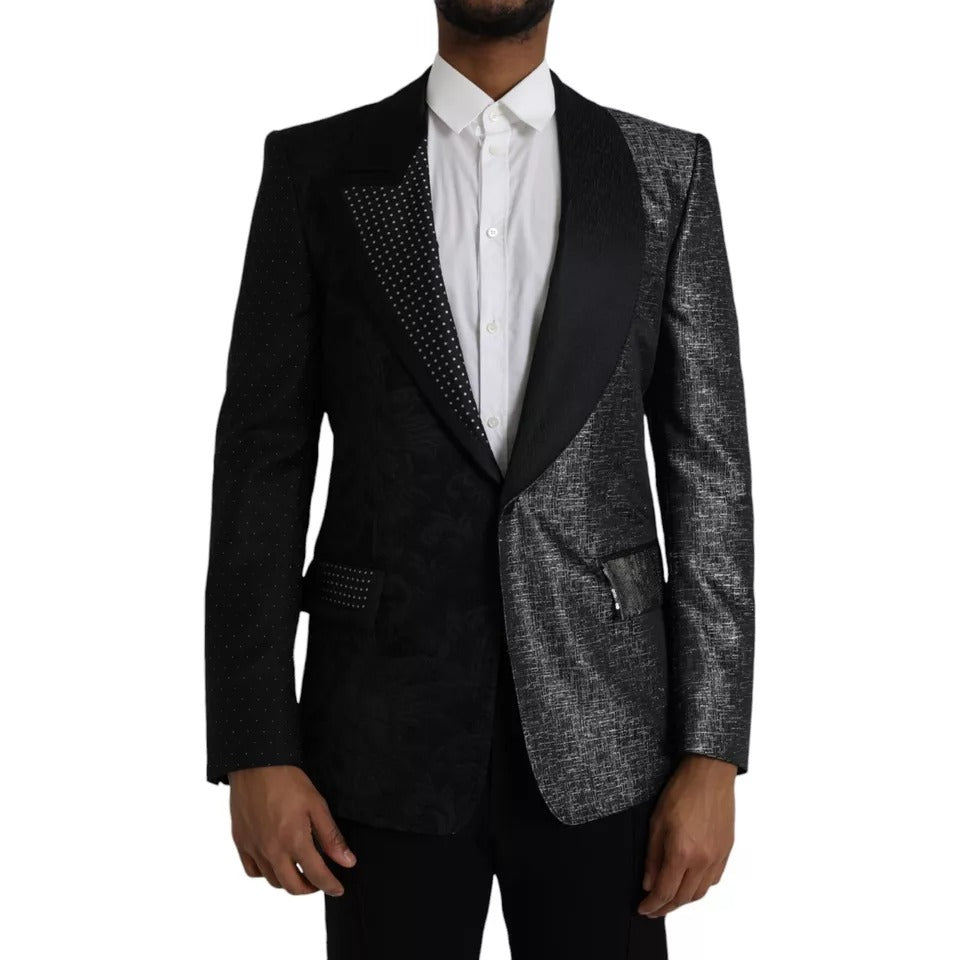 Dolce & Gabbana Black Silver Silk Single Breasted Coat Blazer