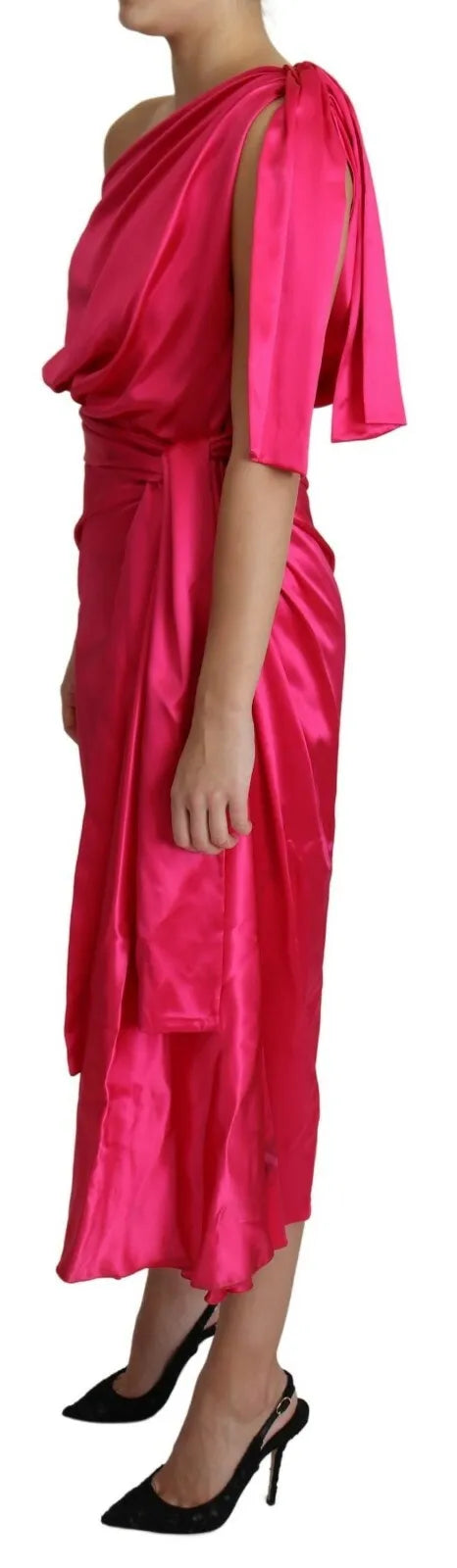 Dolce & Gabbana Fuchsia Fitted Cut One Shoulder Midi Dress