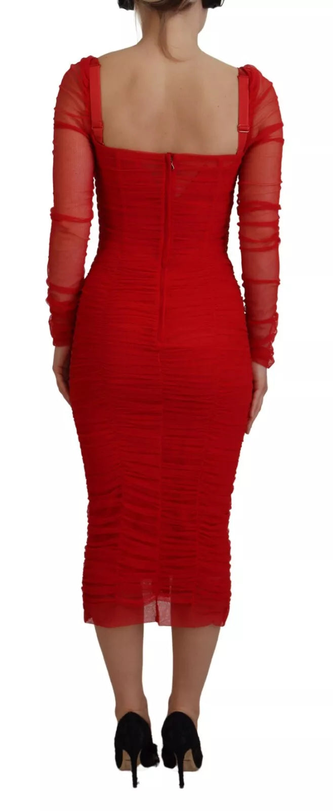 Dolce & Gabbana Red Mesh Trim Bodycon Sheath Midi Dress