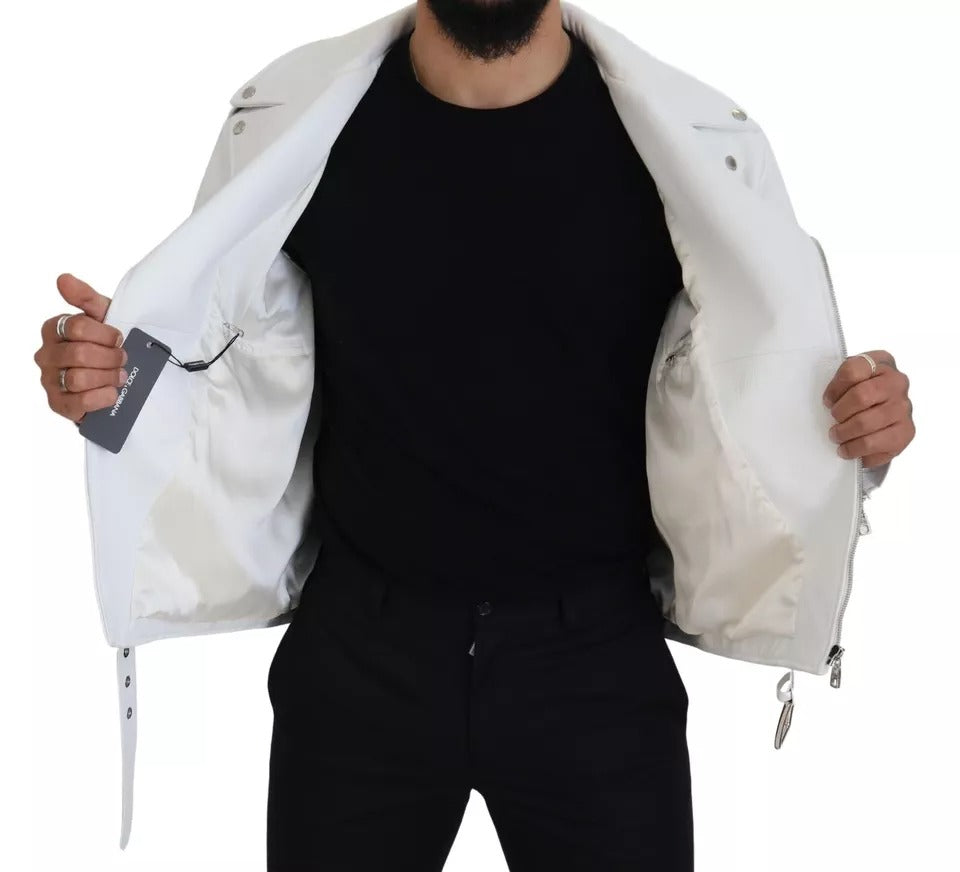 Dolce & Gabbana White Leather Biker Coat Zipper Jacket