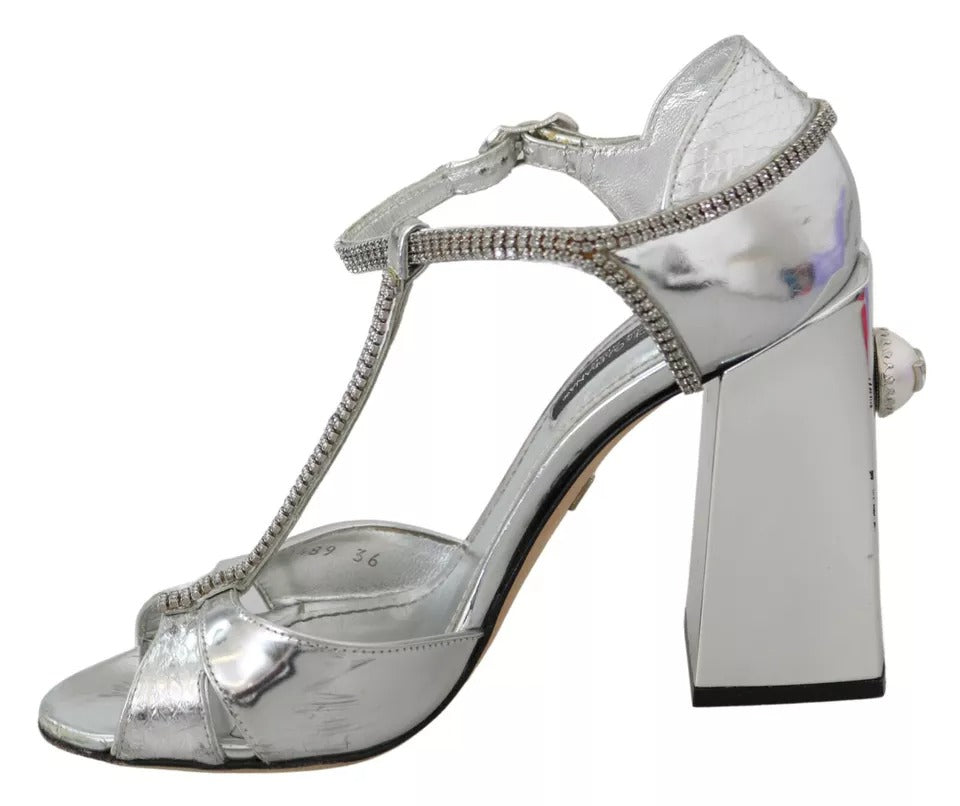 Dolce & Gabbana Silver Crystals T-strap Sandals Leather Shoes