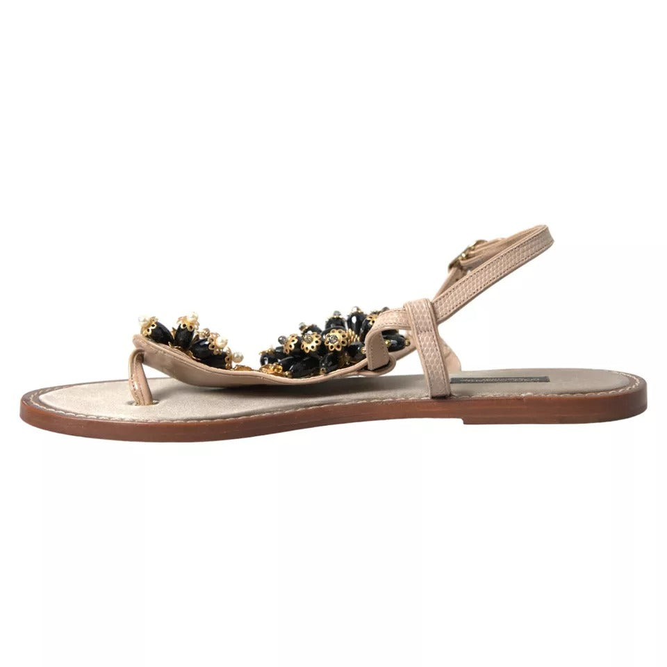 Dolce & Gabbana Beige Satin Gold Beaded Flats Slides Sandals Shoes